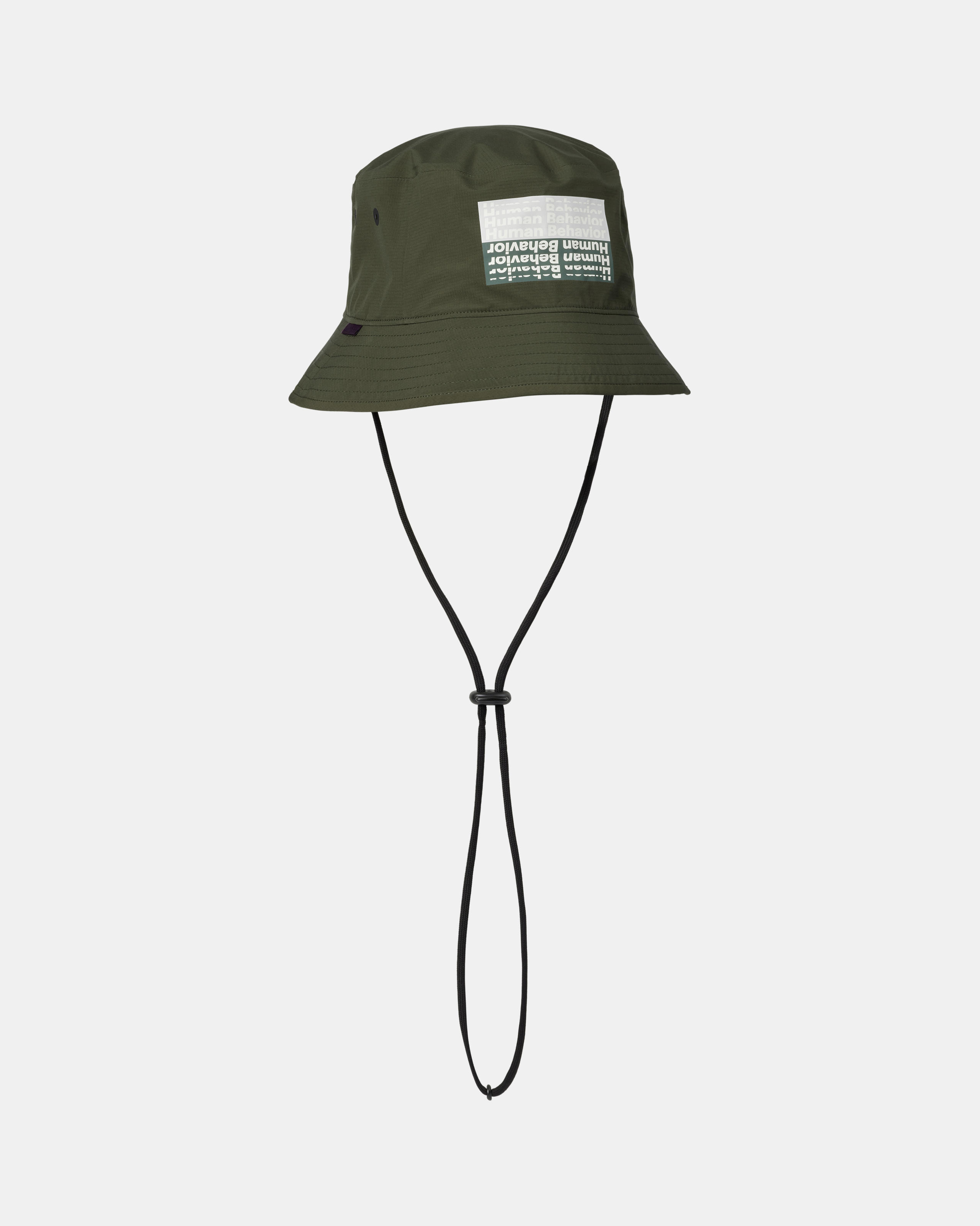 Olive T.K.O. Off-Race Shield bucket hat, three-quarter view with graphic front patch and chin cord