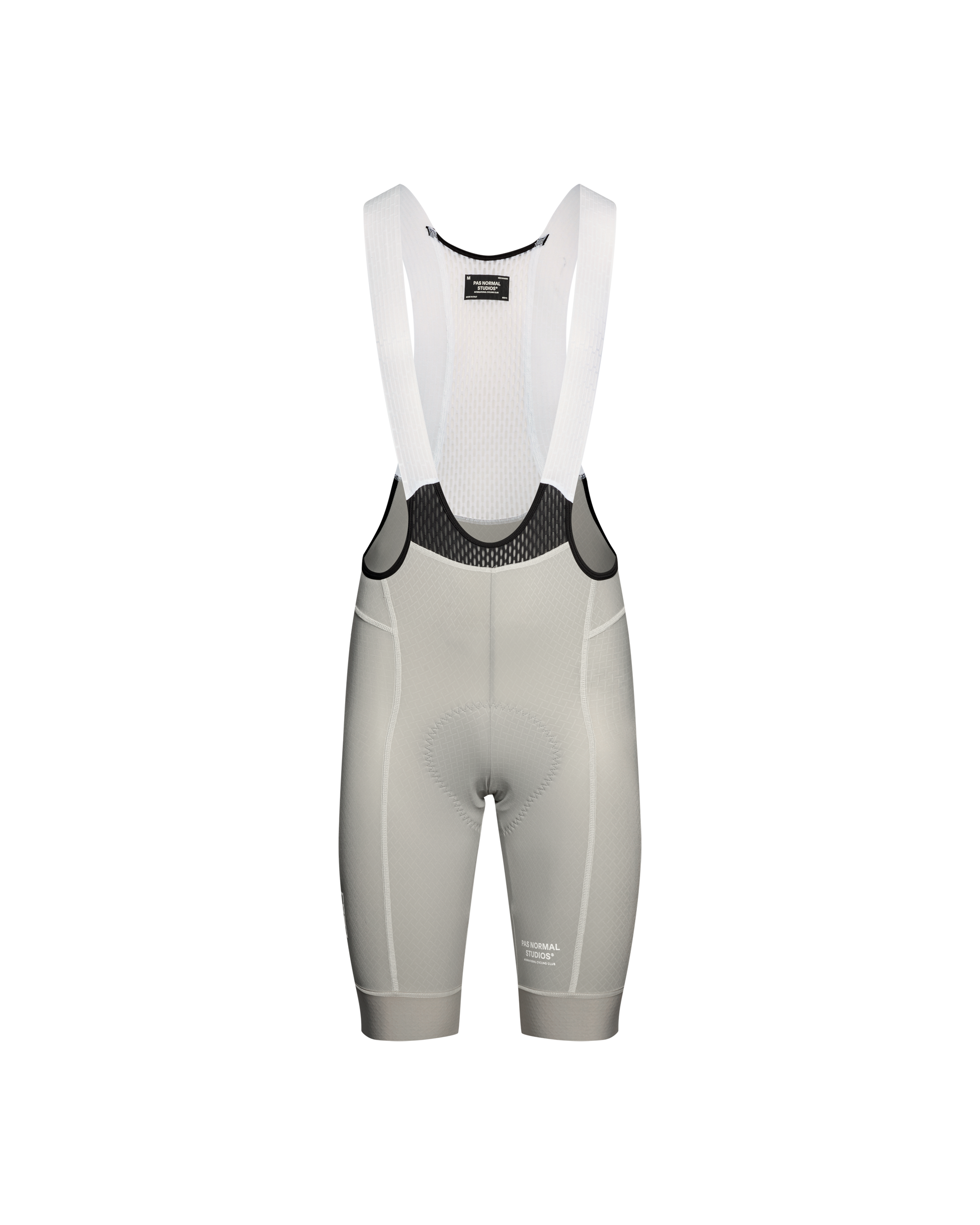 Light Grey Breakfast Club Mechanism cycling bibs, front flat lay with white mesh upper and black waistband
