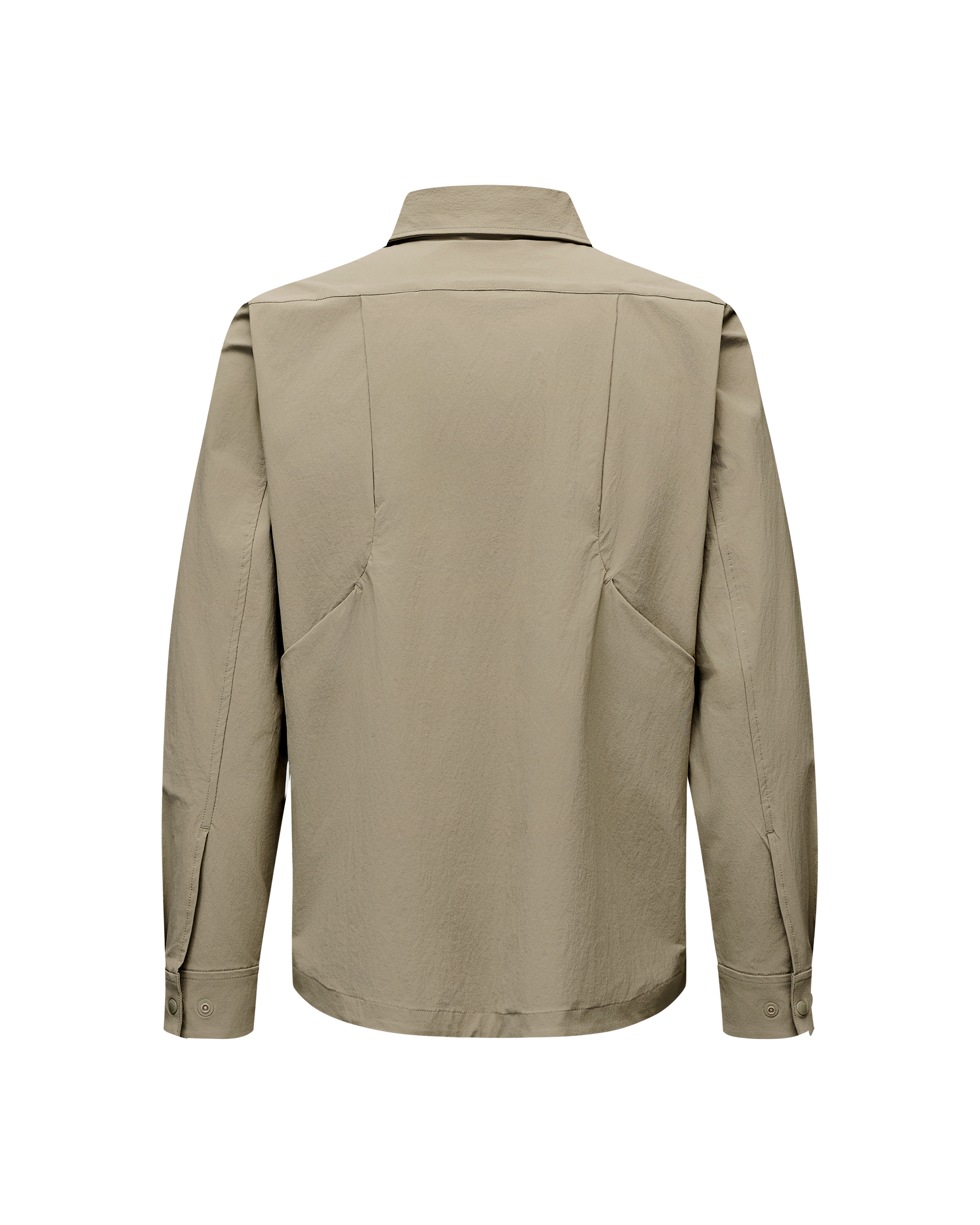 Dusty Earth khaki Off-Race Tech Overshirt outerwear, rear flat lay with snap cuffs and panelled back