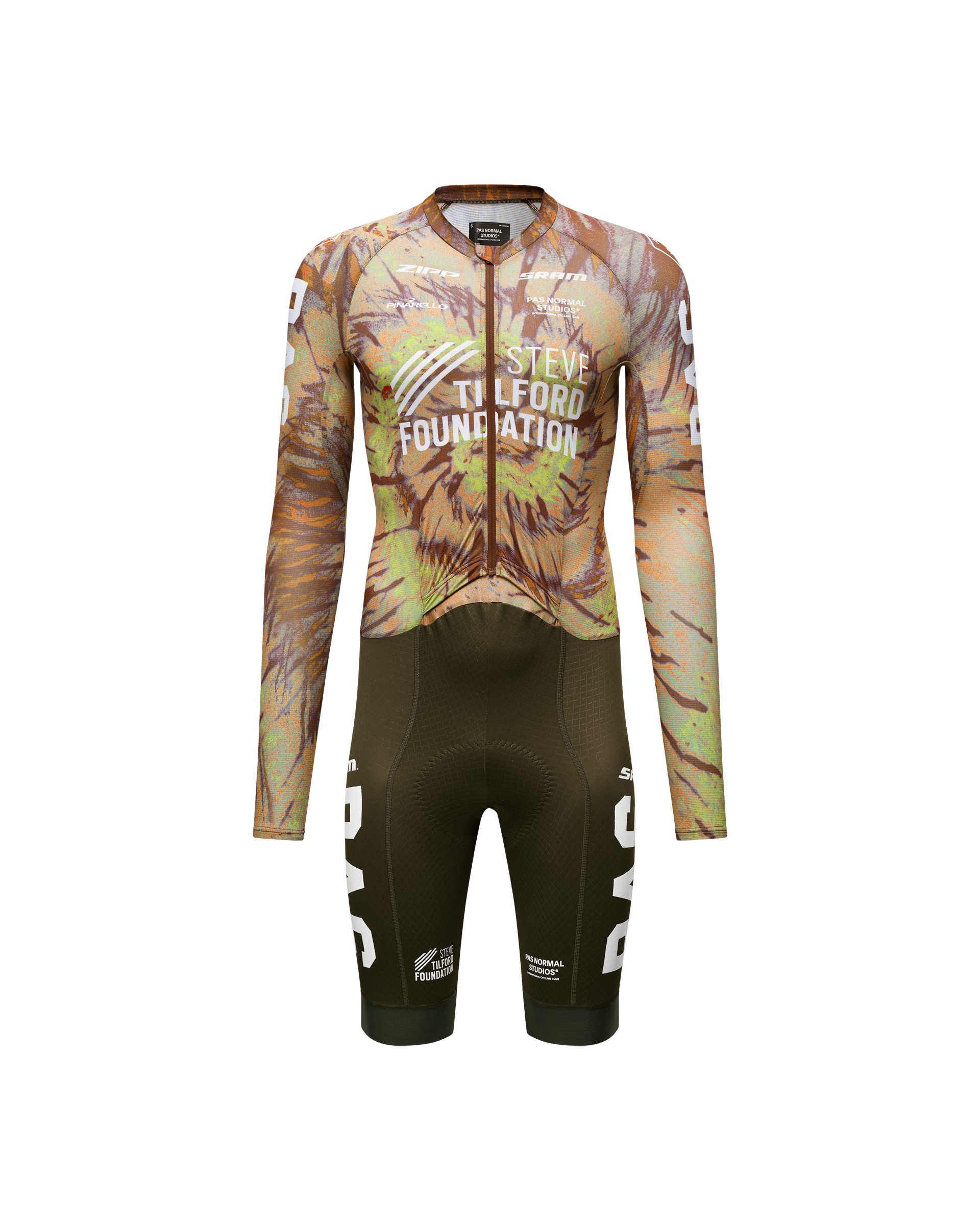 Beige STFR Mechanism Long Sleeve cycling speedsuit front view with Steve Tilford Foundation tropical print