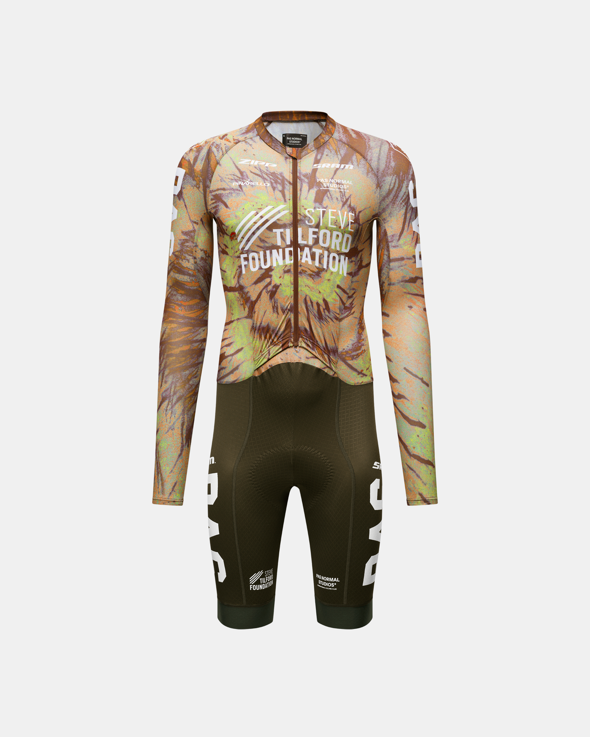 Beige STFR Mechanism Long Sleeve cycling speedsuit front view with Steve Tilford Foundation tropical print