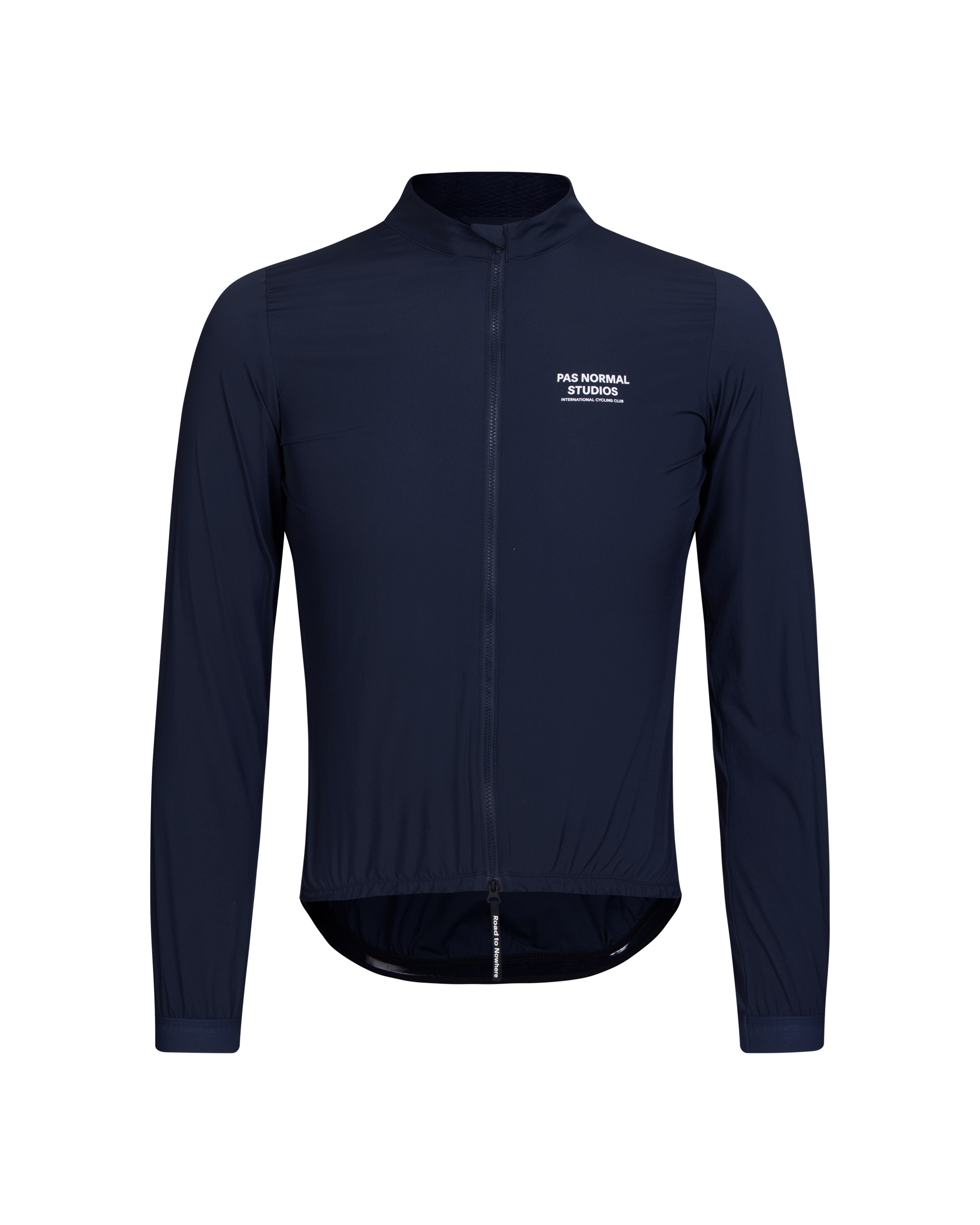 Navy Mechanism Stow Away jacket, front view with full zip and white chest logo