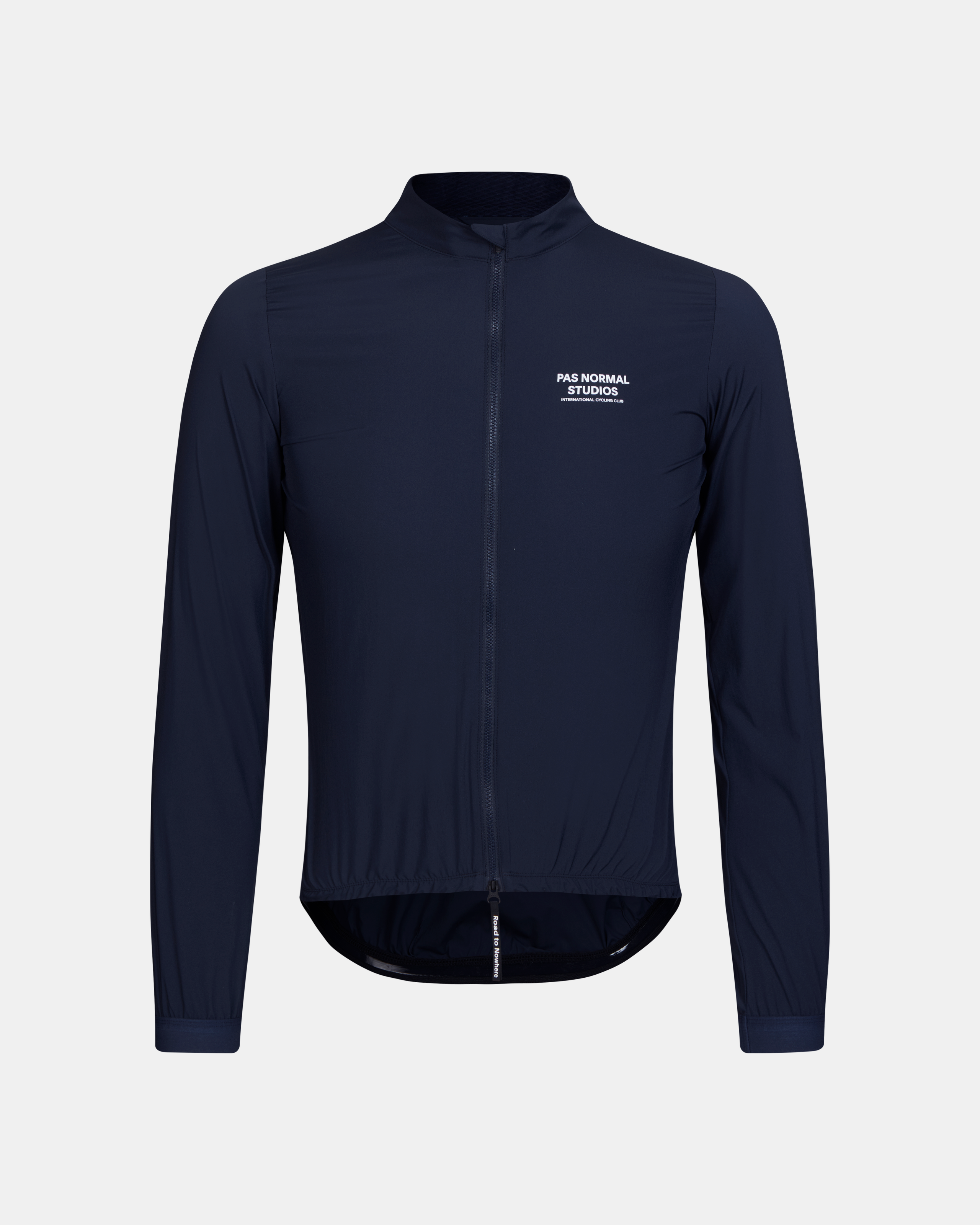 Navy Mechanism Stow Away jacket, front view with full zip and white chest logo
