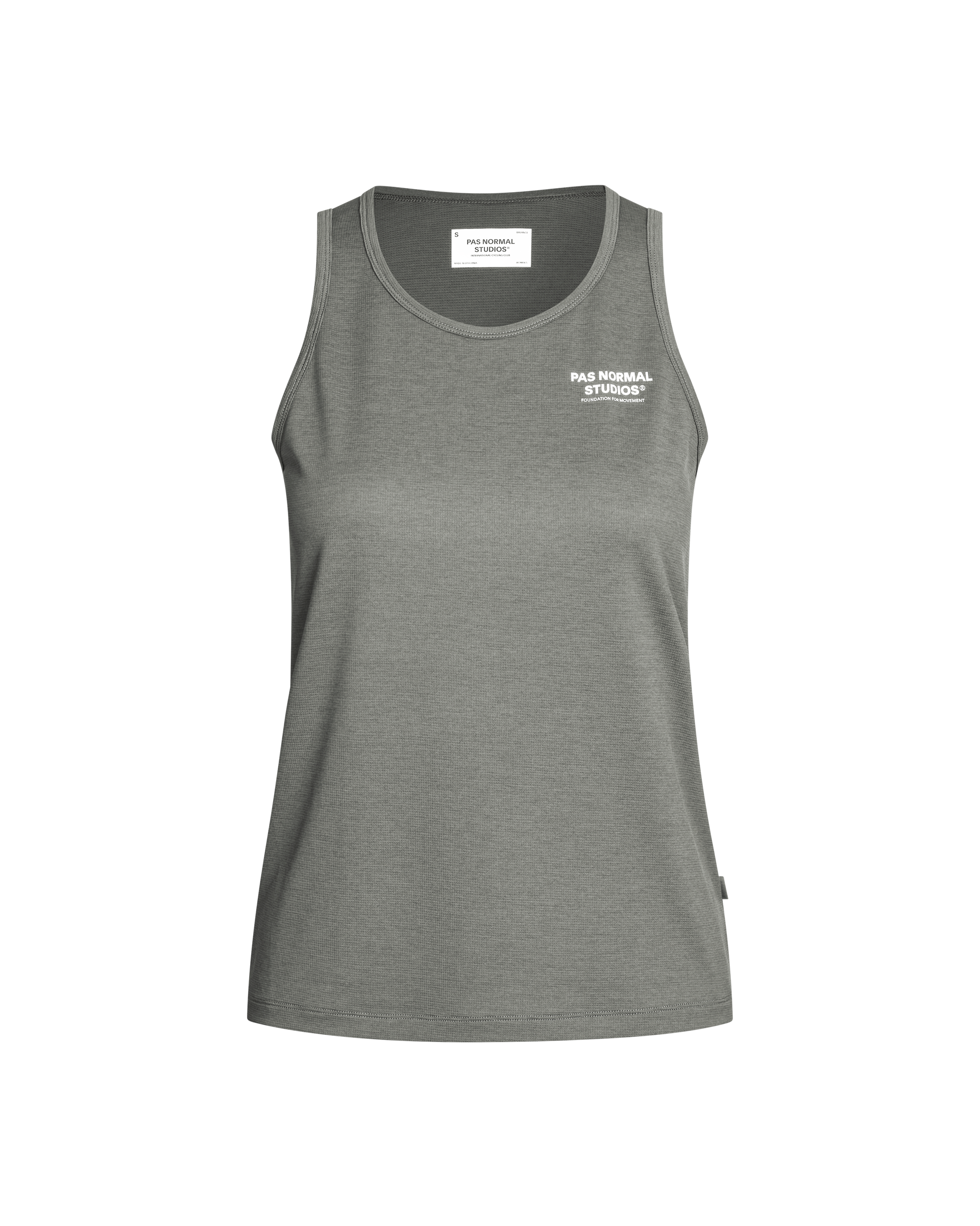 Grey Balance singlet, front flat lay with white chest logo
