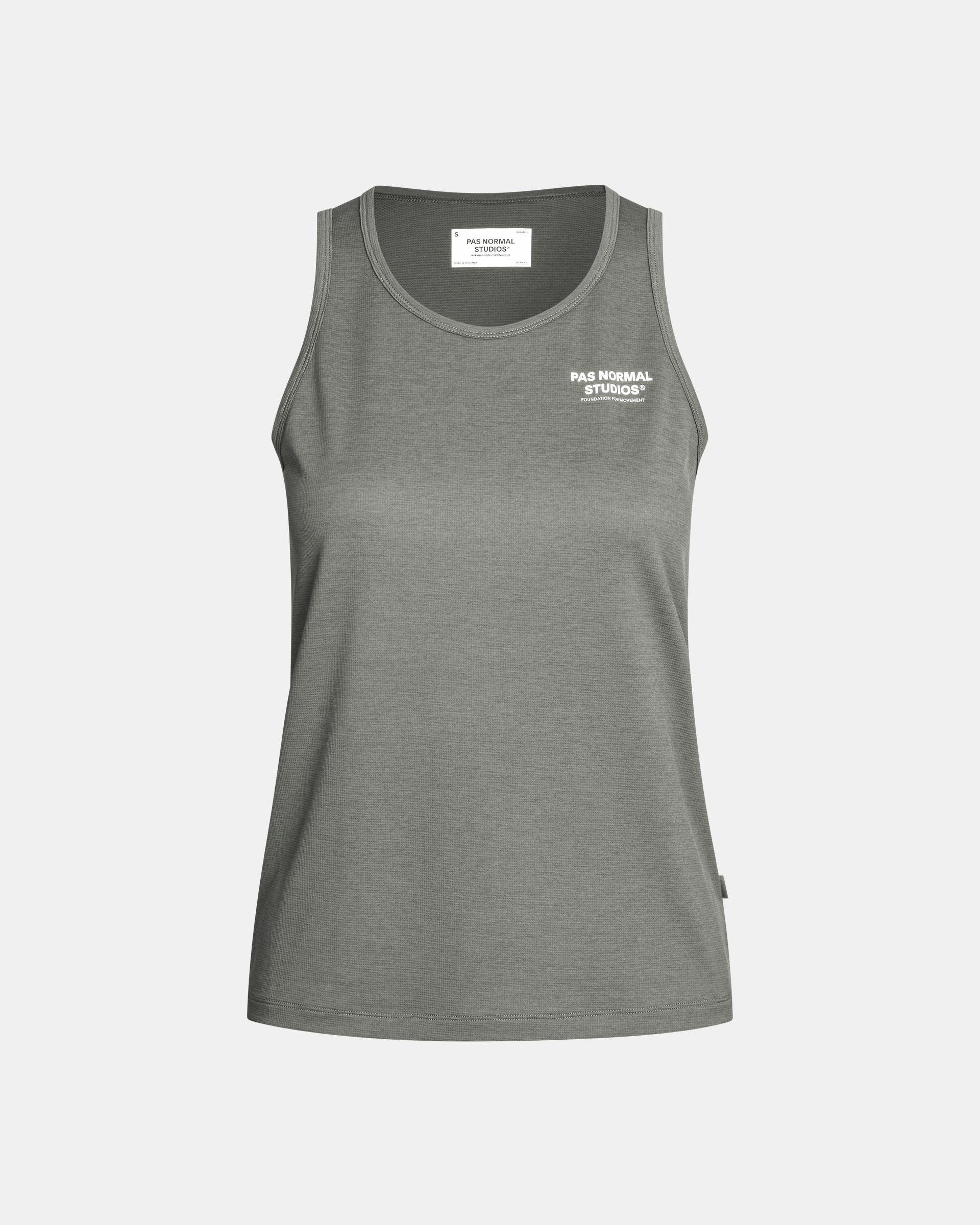 Grey Balance singlet, front flat lay with white chest logo