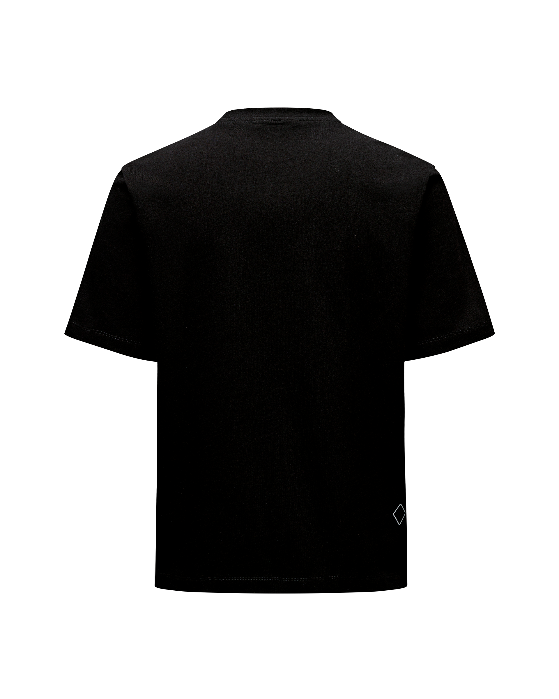 Black Off-Race Graphic T-shirt, rear flat lay with small diamond logo at hem