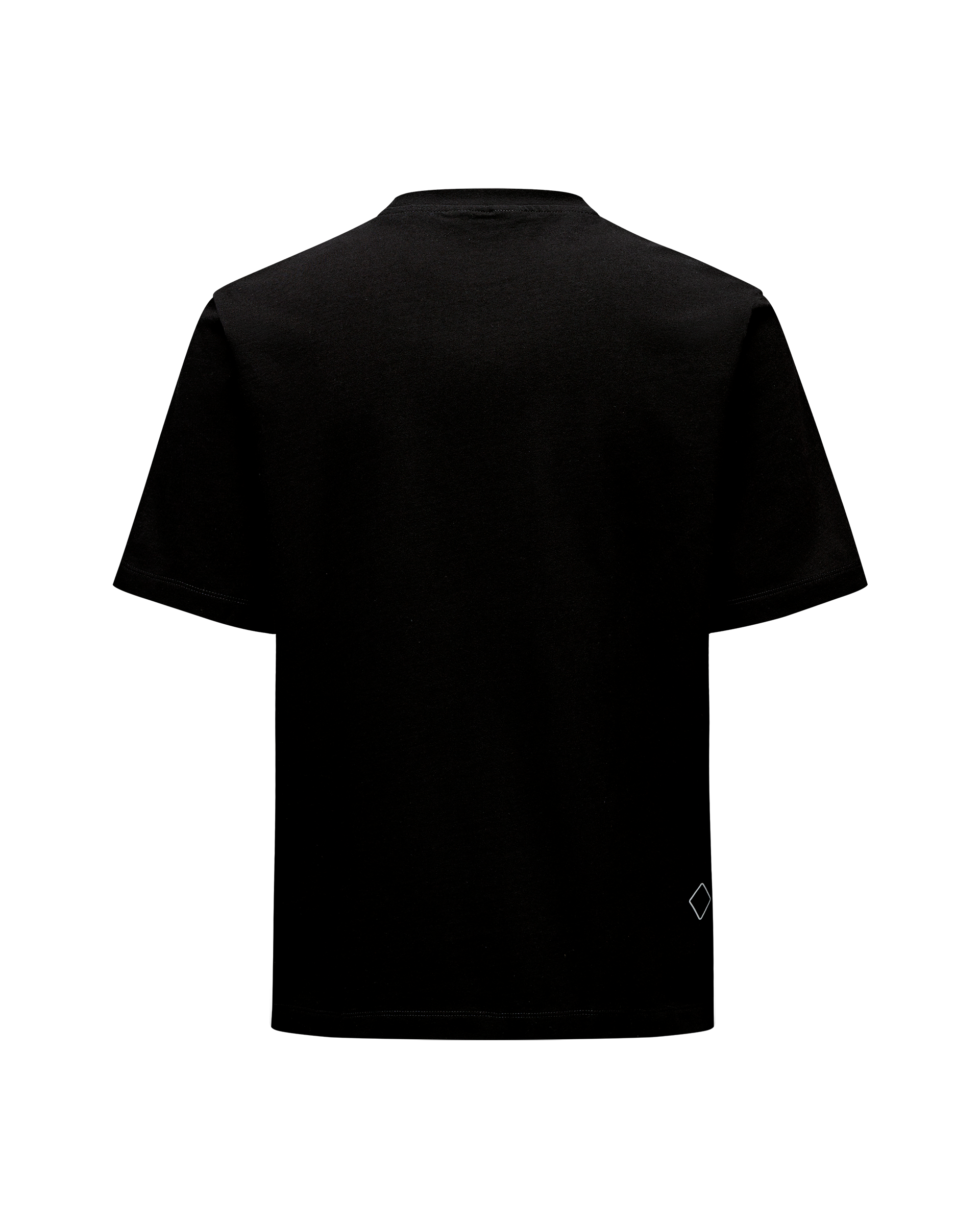 Black Off-Race Graphic T-shirt, rear flat lay with small diamond logo at hem