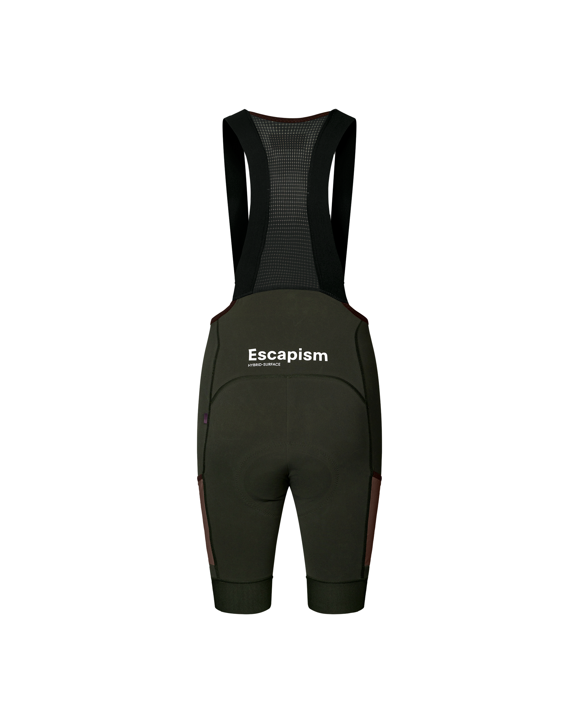 Dark Olive Escapism Cargo cycling bibs, rear flat lay with mesh bib panel and contrast side panels