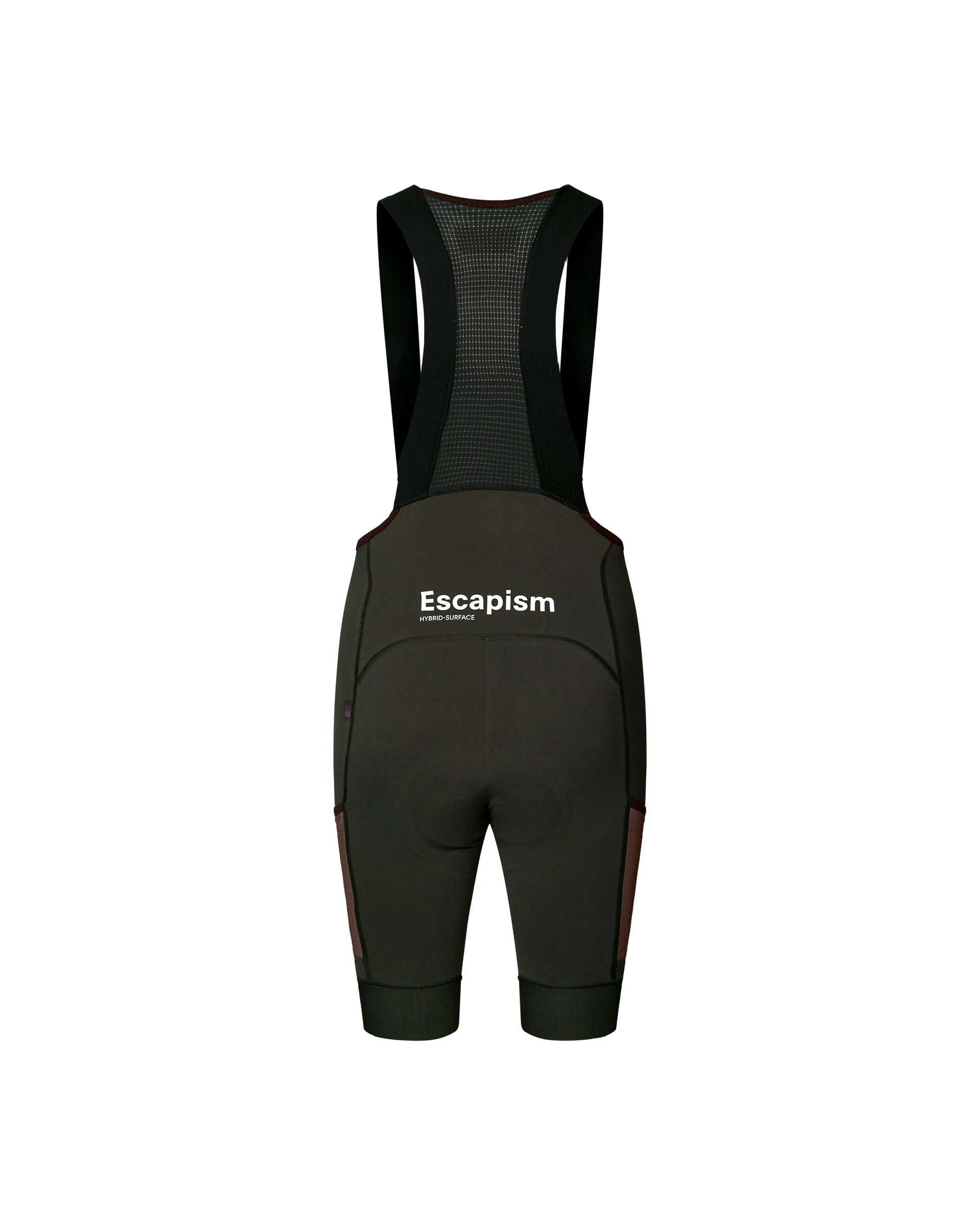 Dark Olive Escapism Cargo cycling bibs, rear flat lay with mesh bib panel and contrast side panels