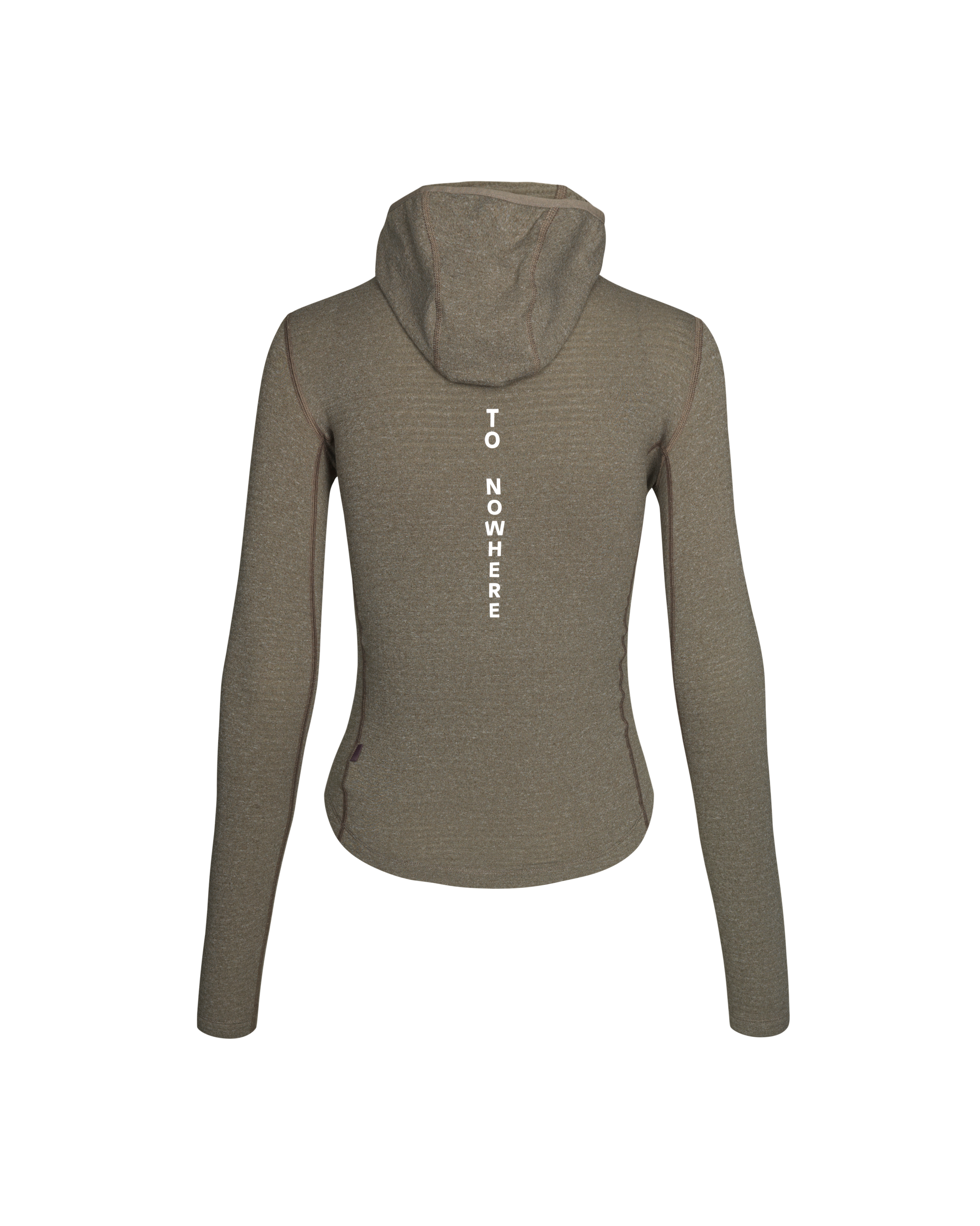 Grey Thermal Hooded Windproof base layer, rear view with white vertical spine text