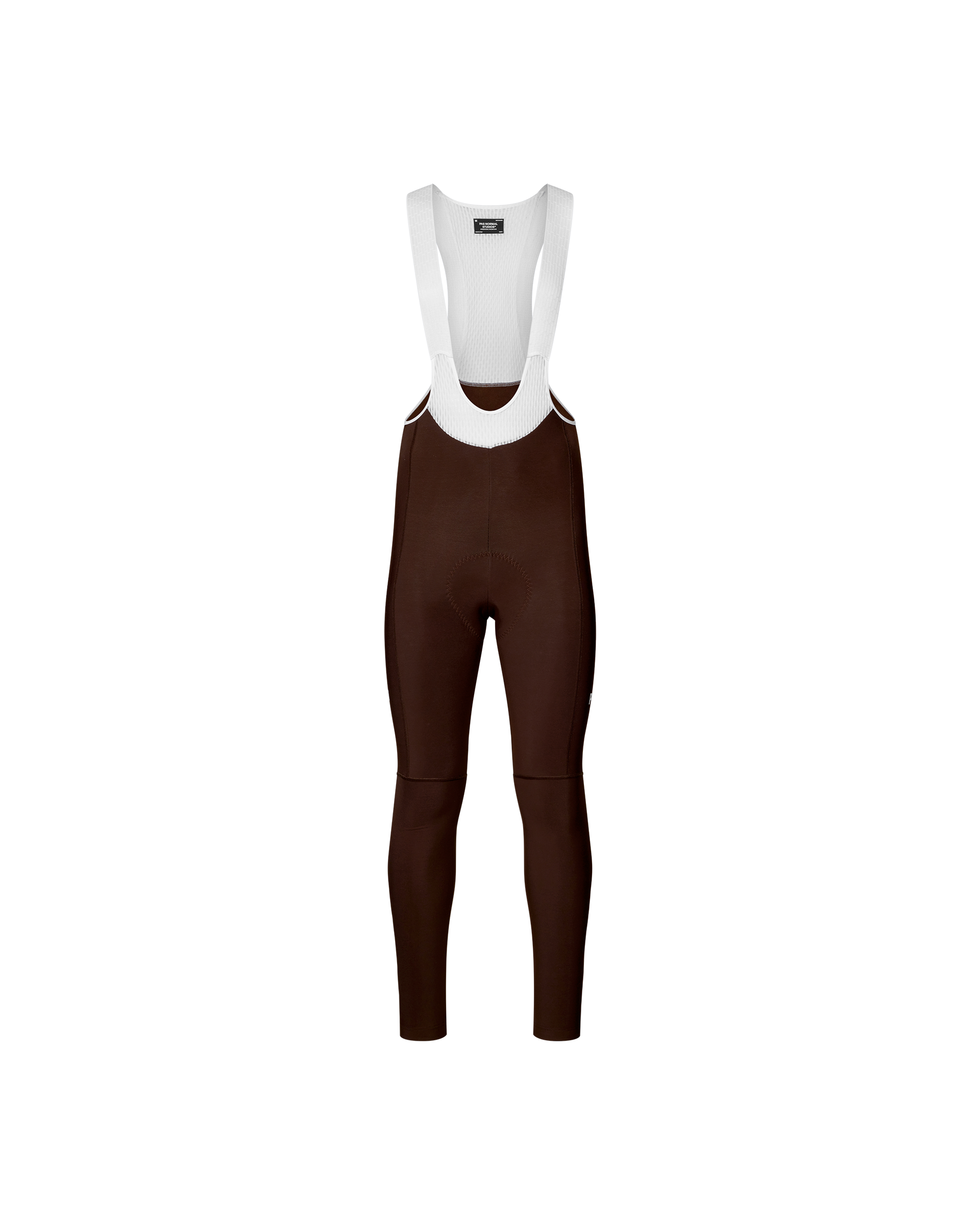 Dark Coffee Mechanism cycling long bib tights, front flat lay with white ribbed bib straps