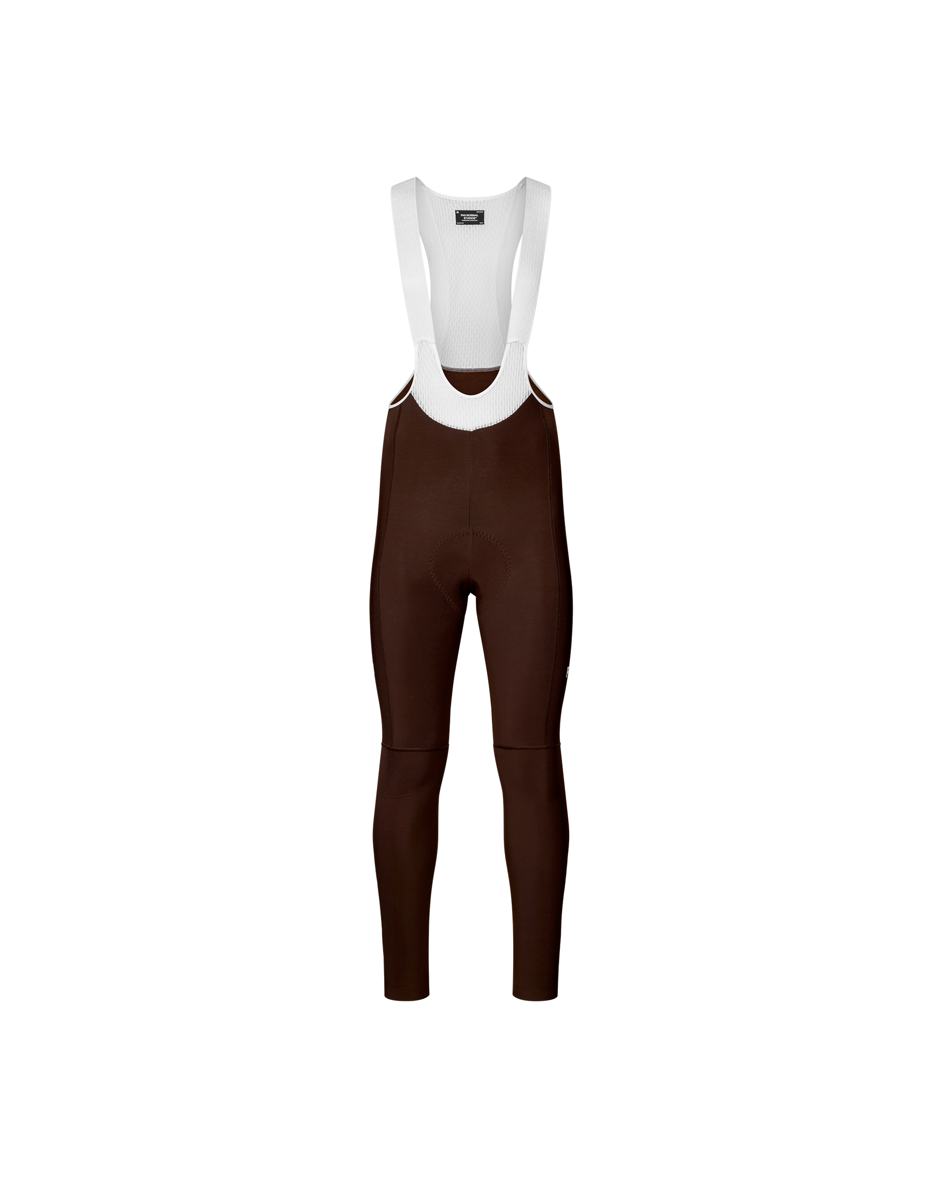 Dark Coffee Mechanism cycling long bib tights, front flat lay with white ribbed bib straps