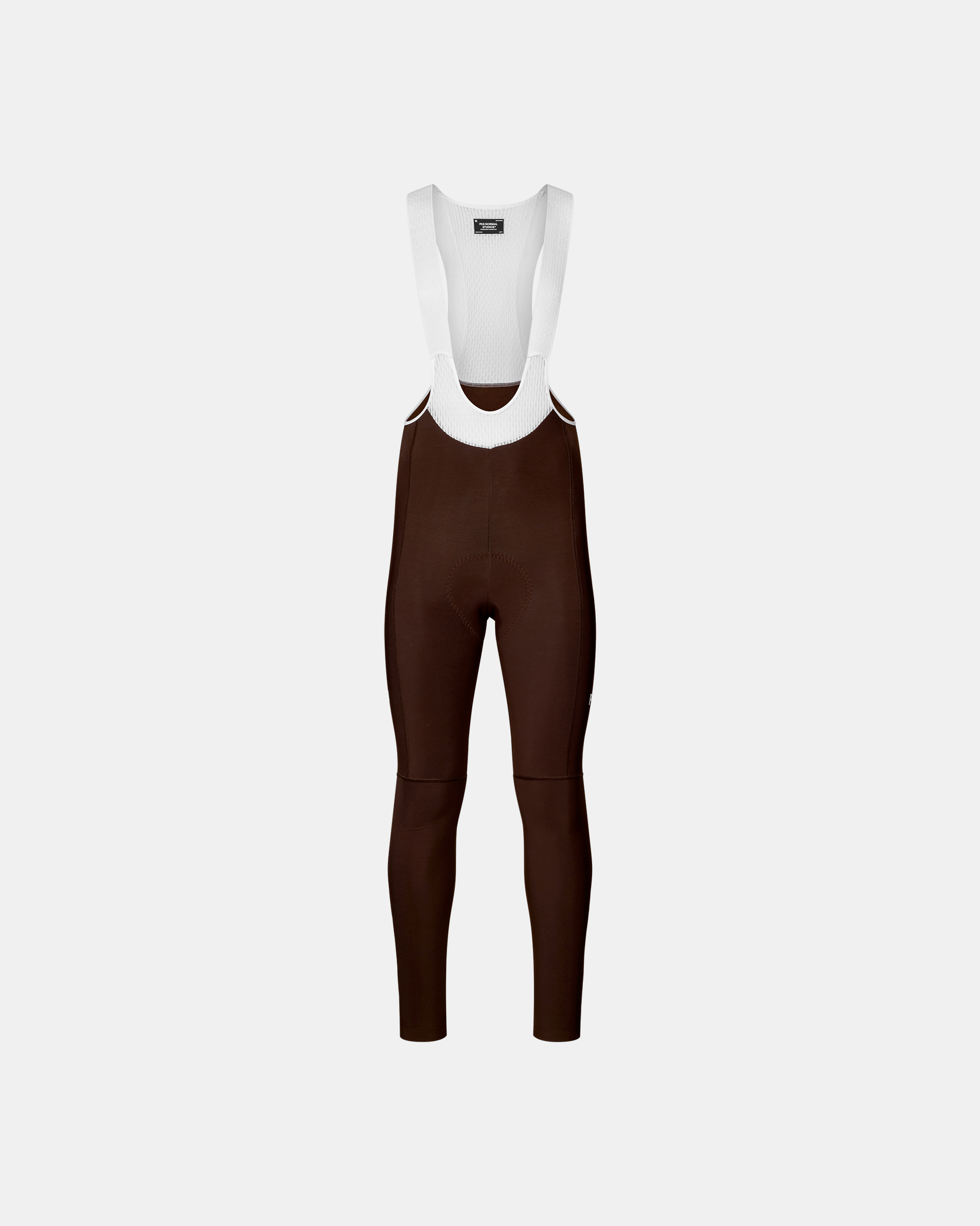 Dark Coffee Mechanism cycling long bib tights, front flat lay with white ribbed bib straps
