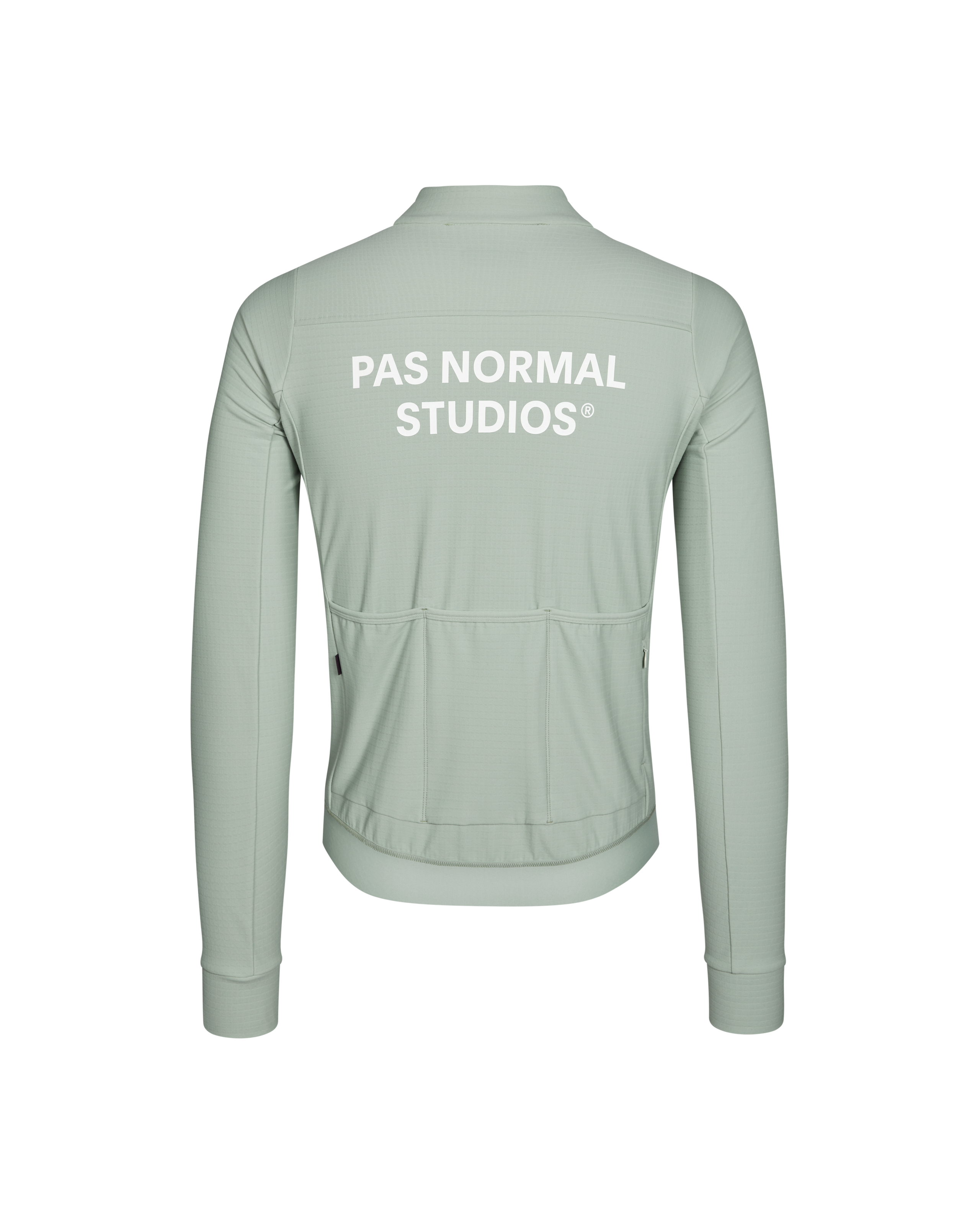 Green Essential long sleeve cycling jersey, rear view with white back print and rear pockets