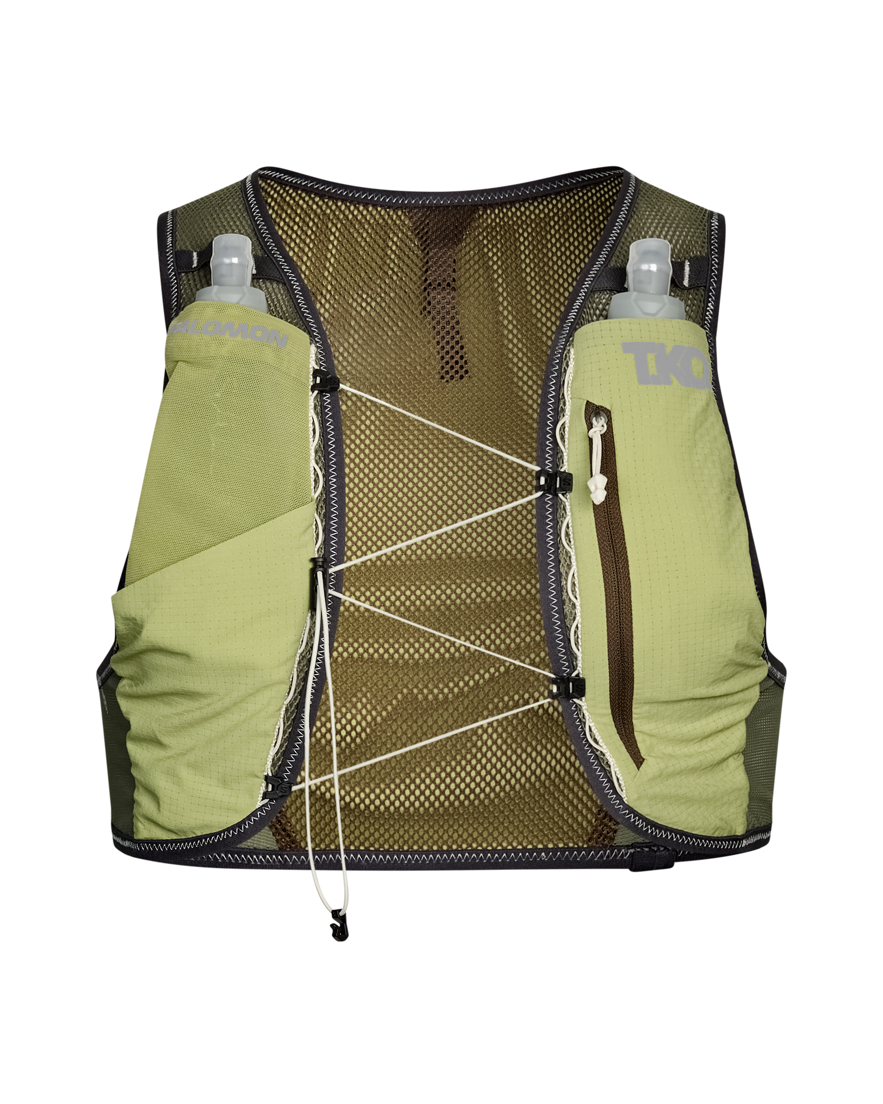 Green Salomon Race Skin 2 running vest, front view with mesh back panel and dual water bottles