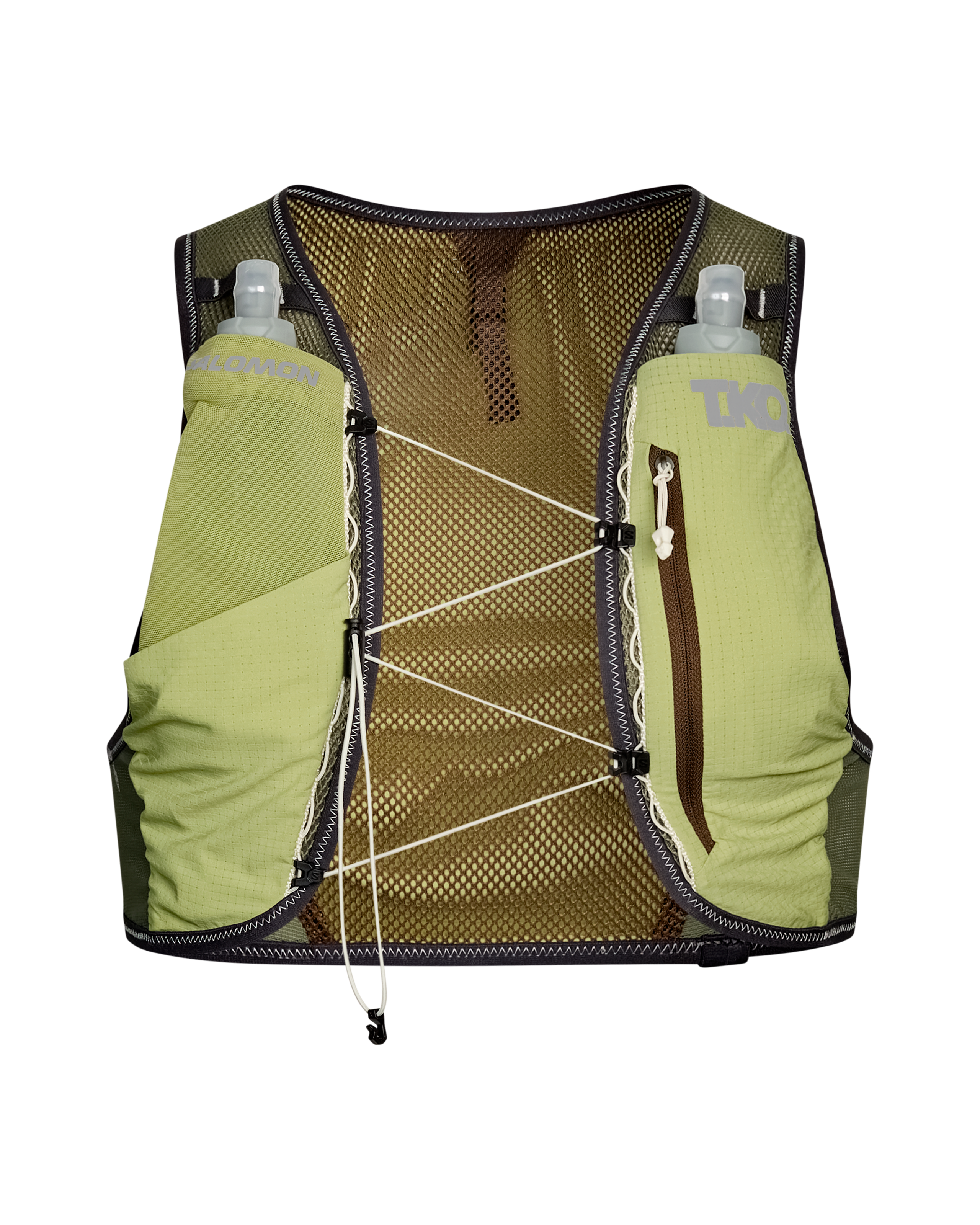 Green Salomon Race Skin 2 running vest, front view with mesh back panel and dual water bottles