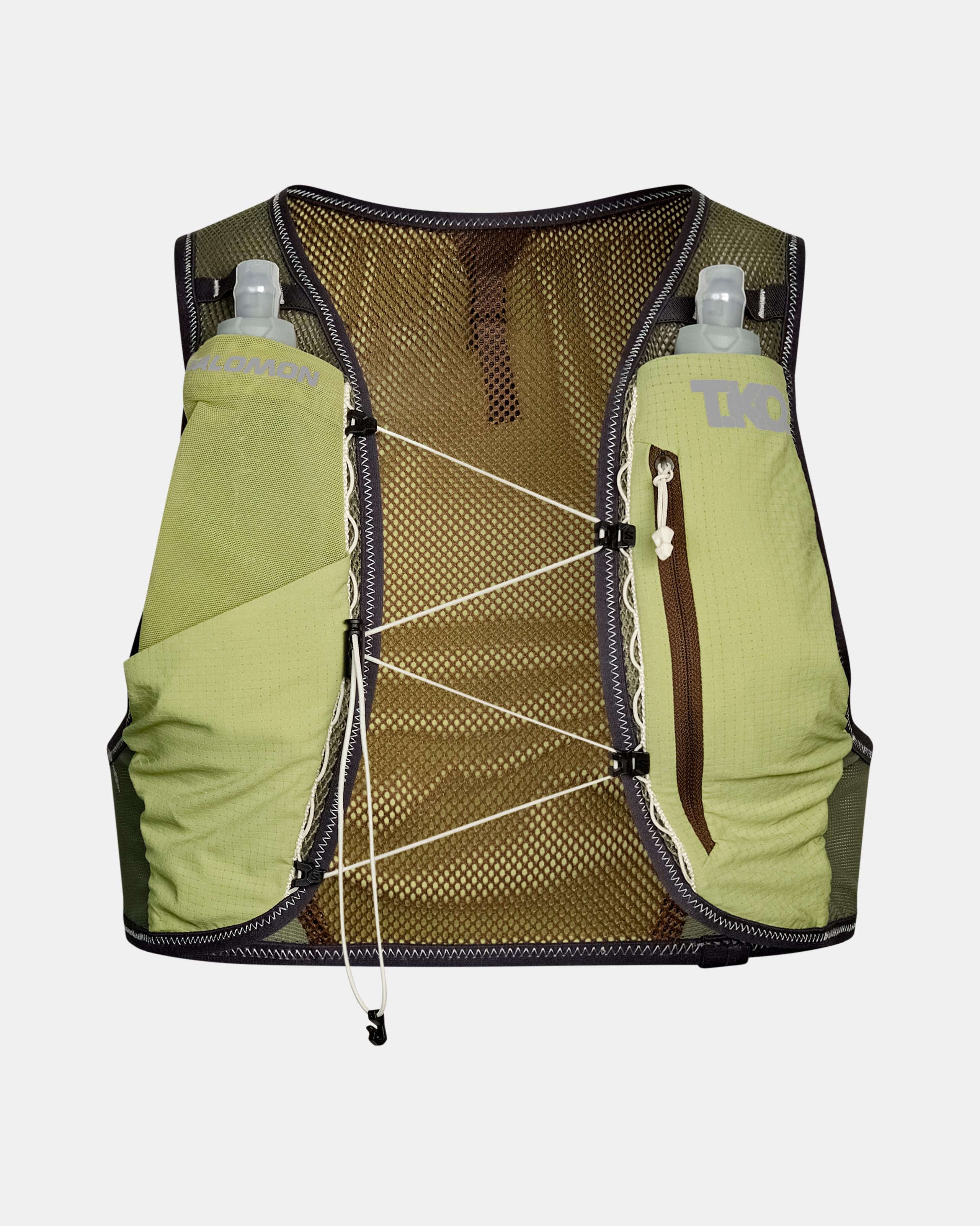 Green Salomon Race Skin 2 running vest, front view with mesh back panel and dual water bottles