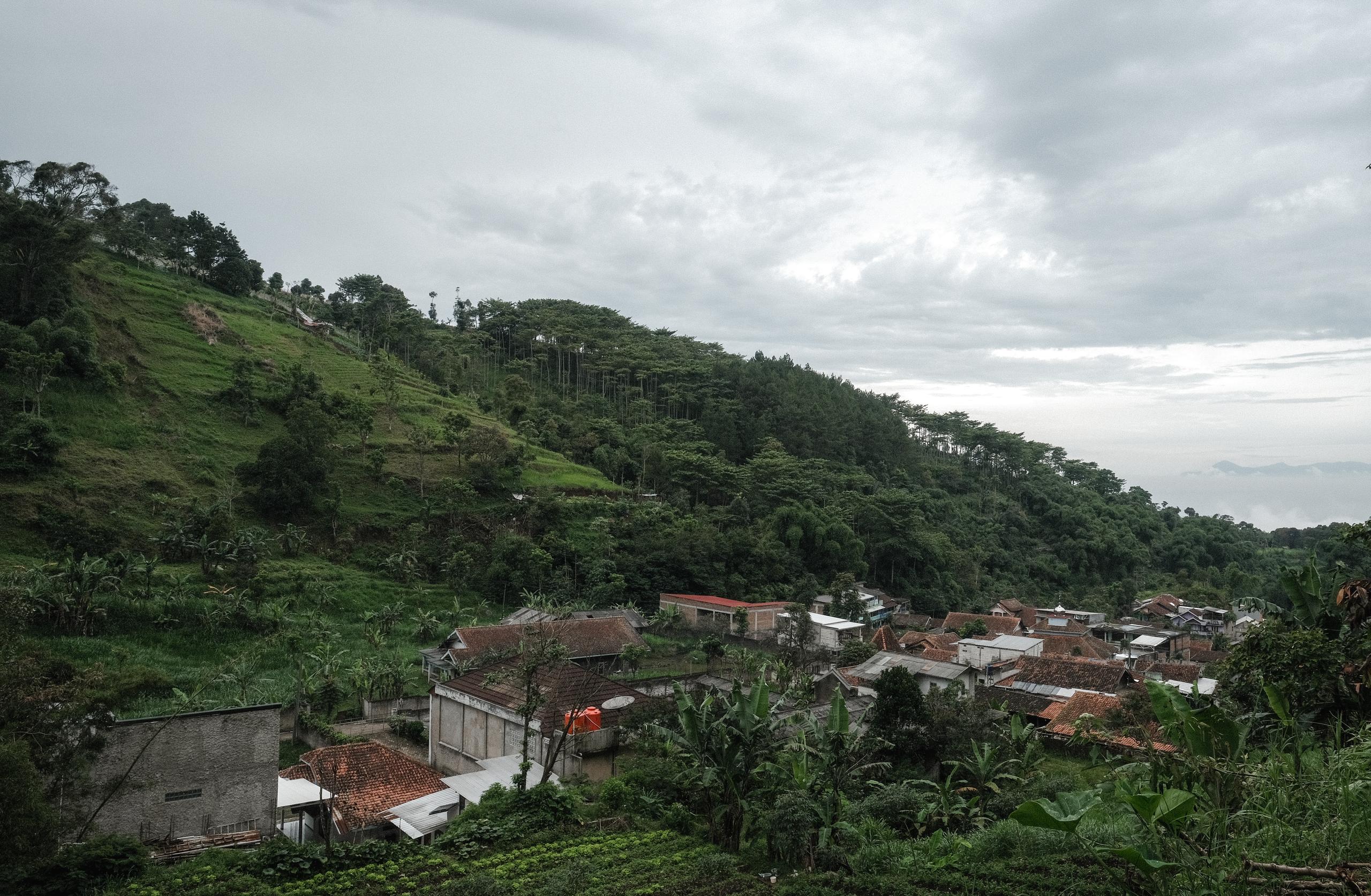 Village nestled in lush green hills with cloudy sky overhead