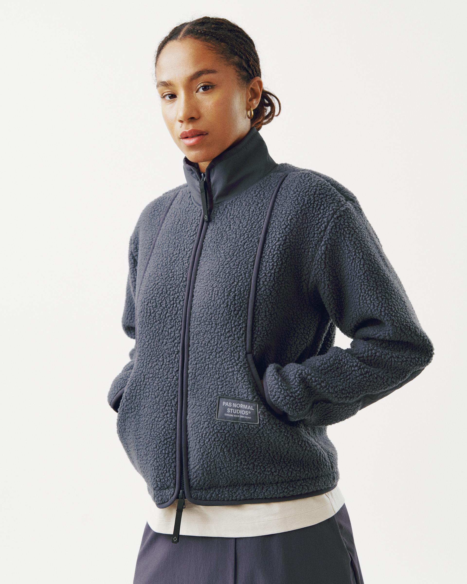 Steel Off-Race Pile Fleece jacket on model, front three-quarter view with textured fleece fabric