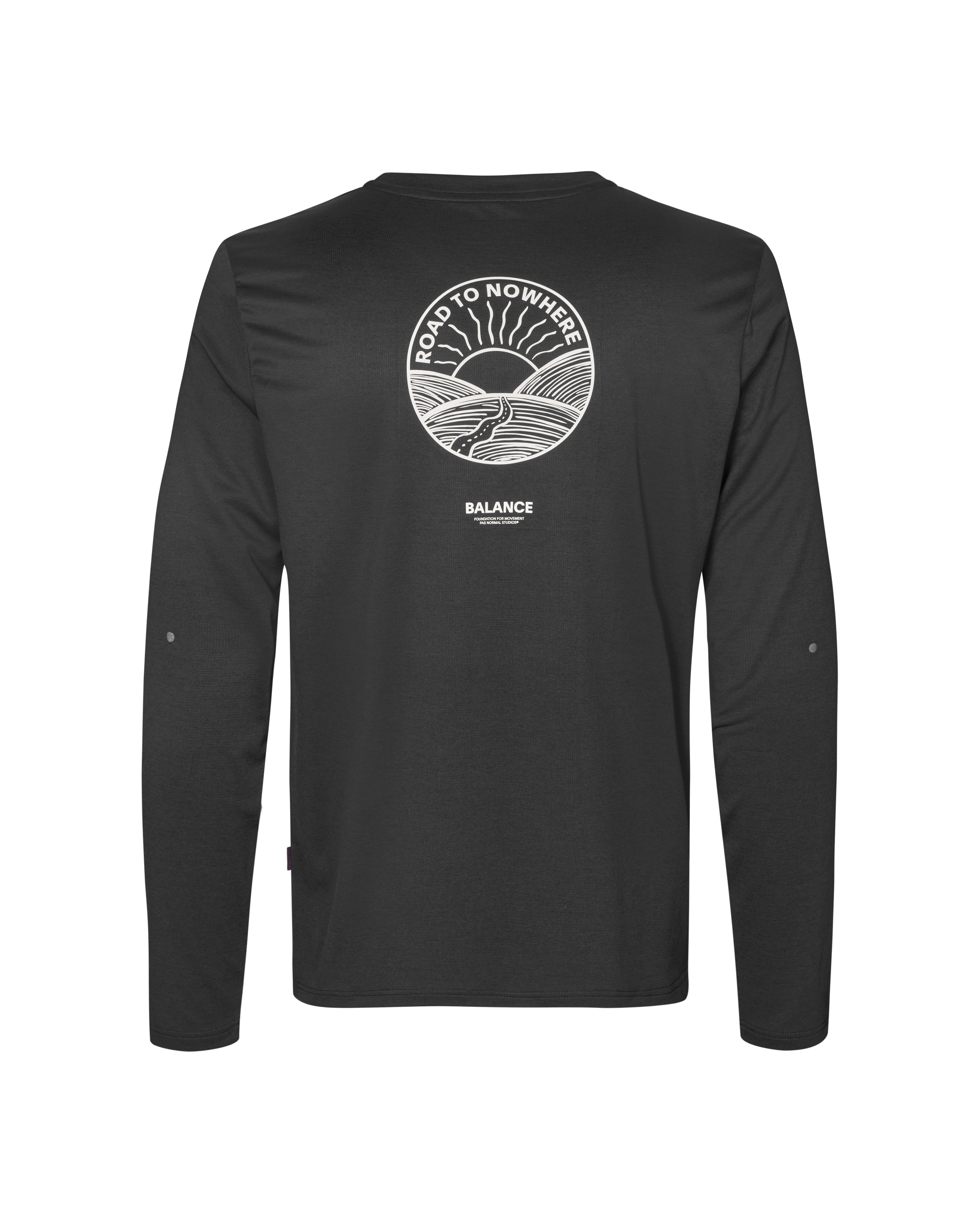 Black Balance long sleeve t-shirt, rear flat lay with white Road to Nowhere circular graphic