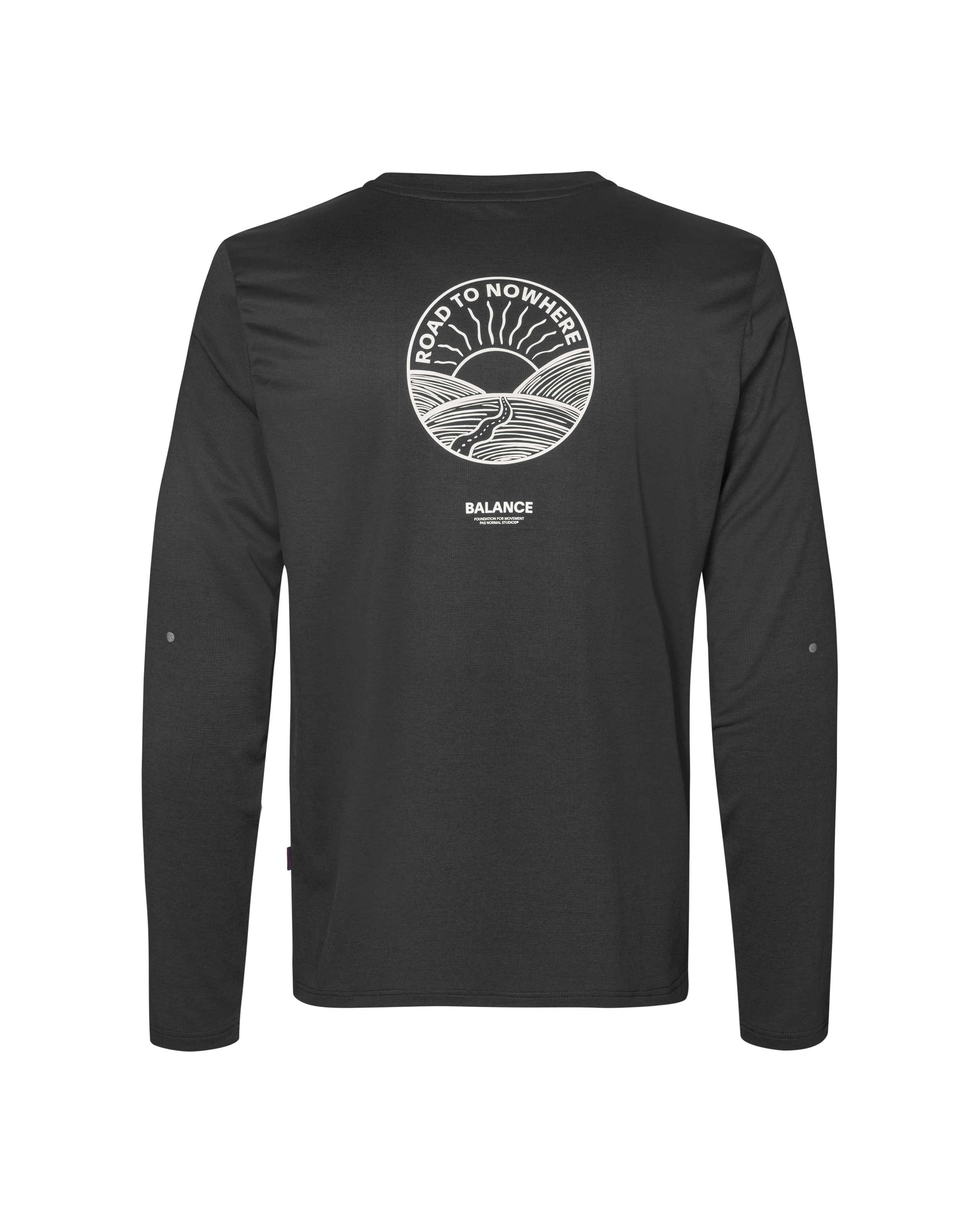 Black Balance long sleeve t-shirt, rear flat lay with white Road to Nowhere circular graphic