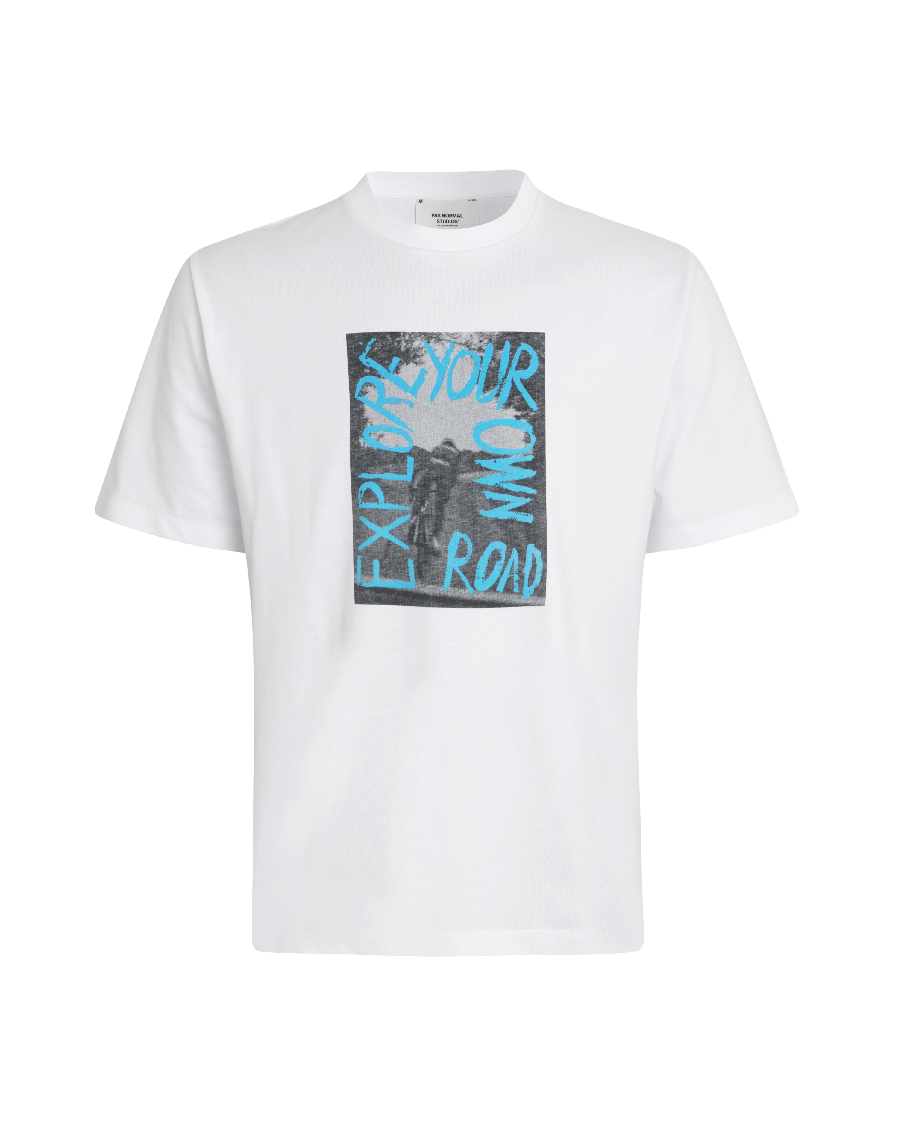 White Off-Race Graphic t-shirt, front view with blue "Explore Your Own Road" chest print