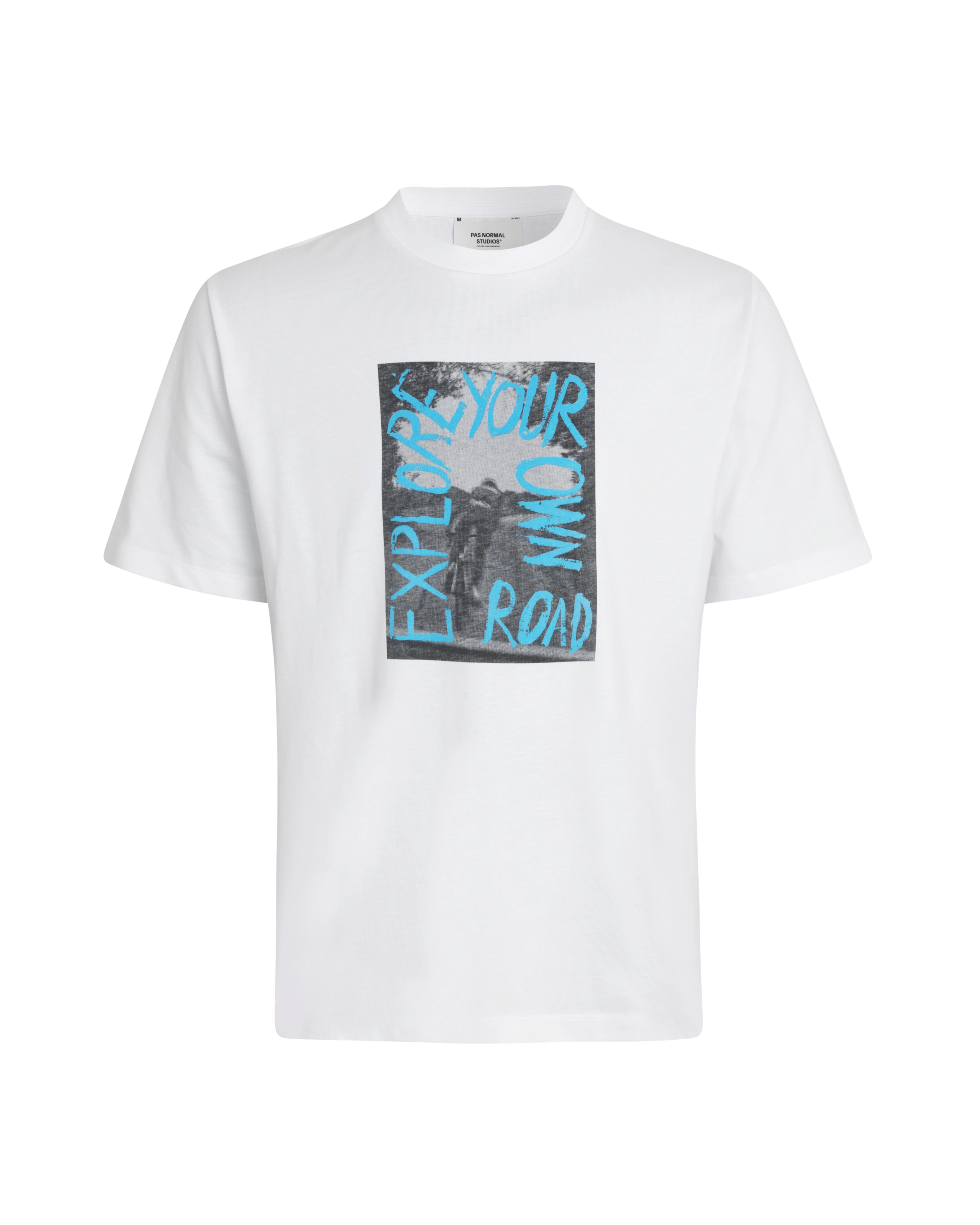 White Off-Race Graphic t-shirt, front view with blue "Explore Your Own Road" chest print