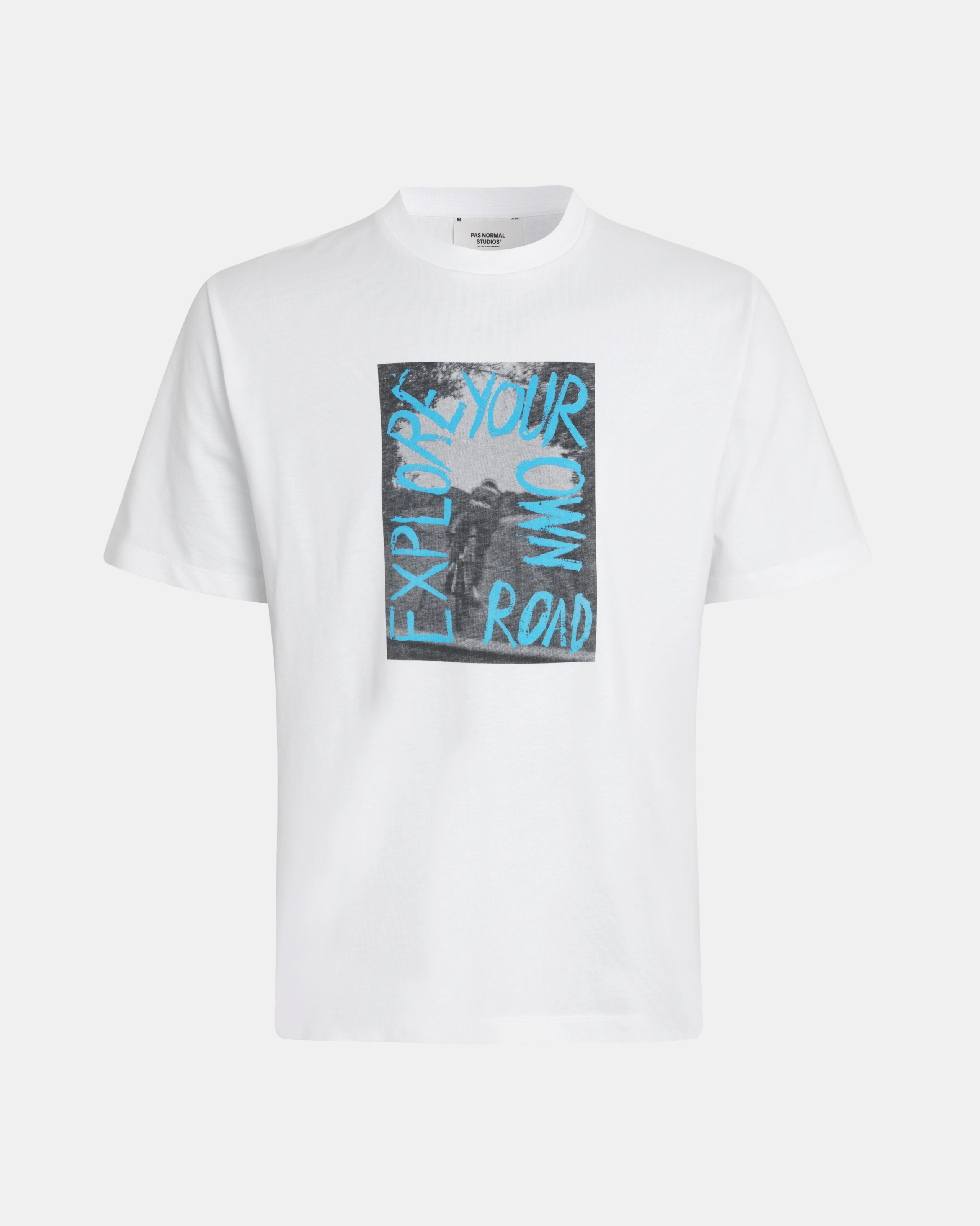 White Off-Race Graphic t-shirt, front view with blue "Explore Your Own Road" chest print