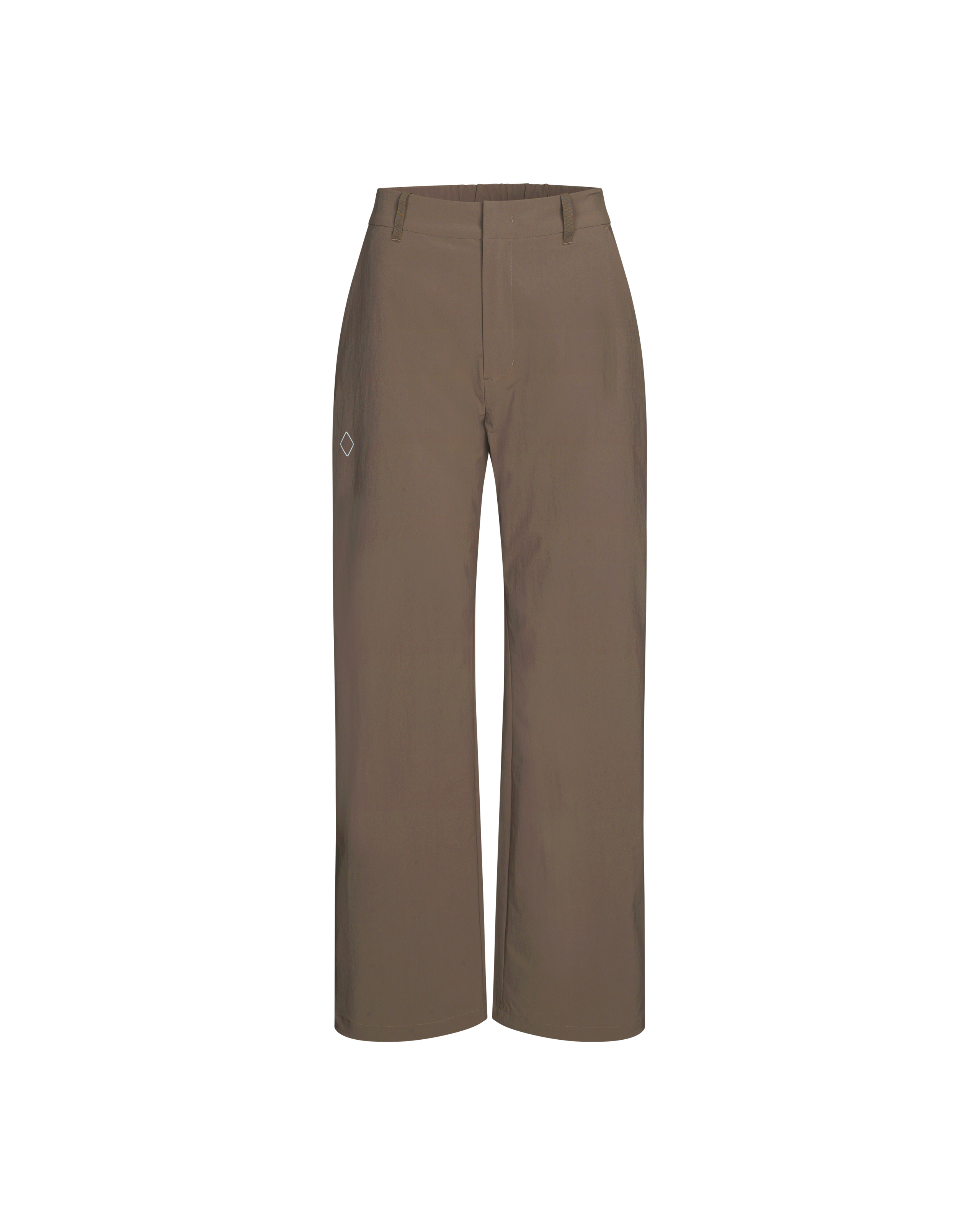 Brown Off-Race Tech pants, front view with white logo detail