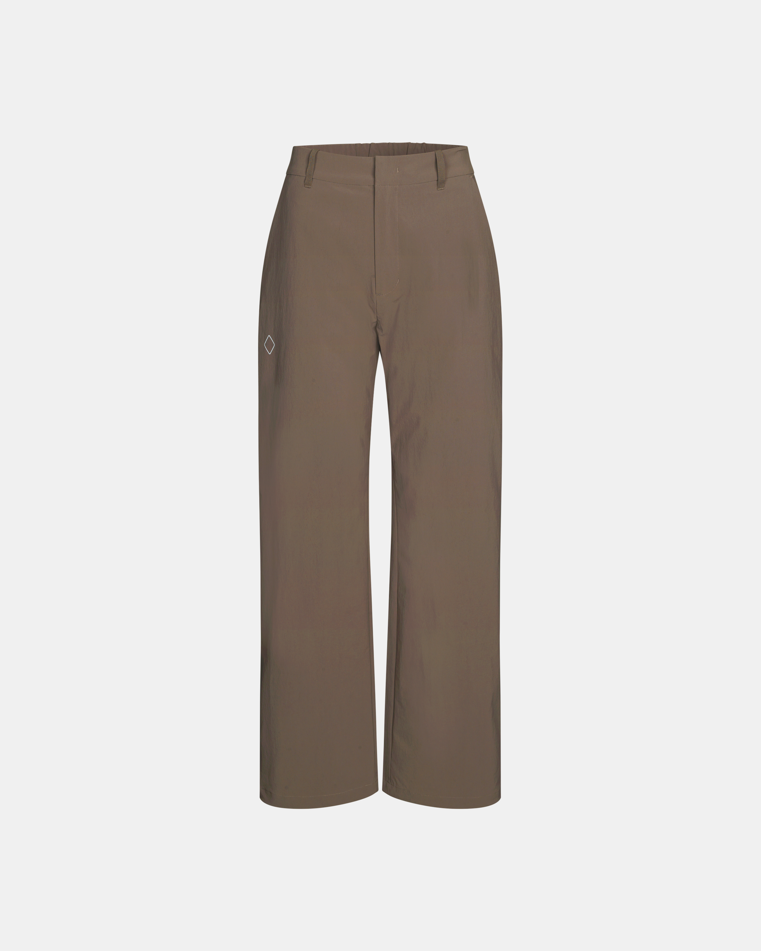 Brown Off-Race Tech pants, front view with white logo detail