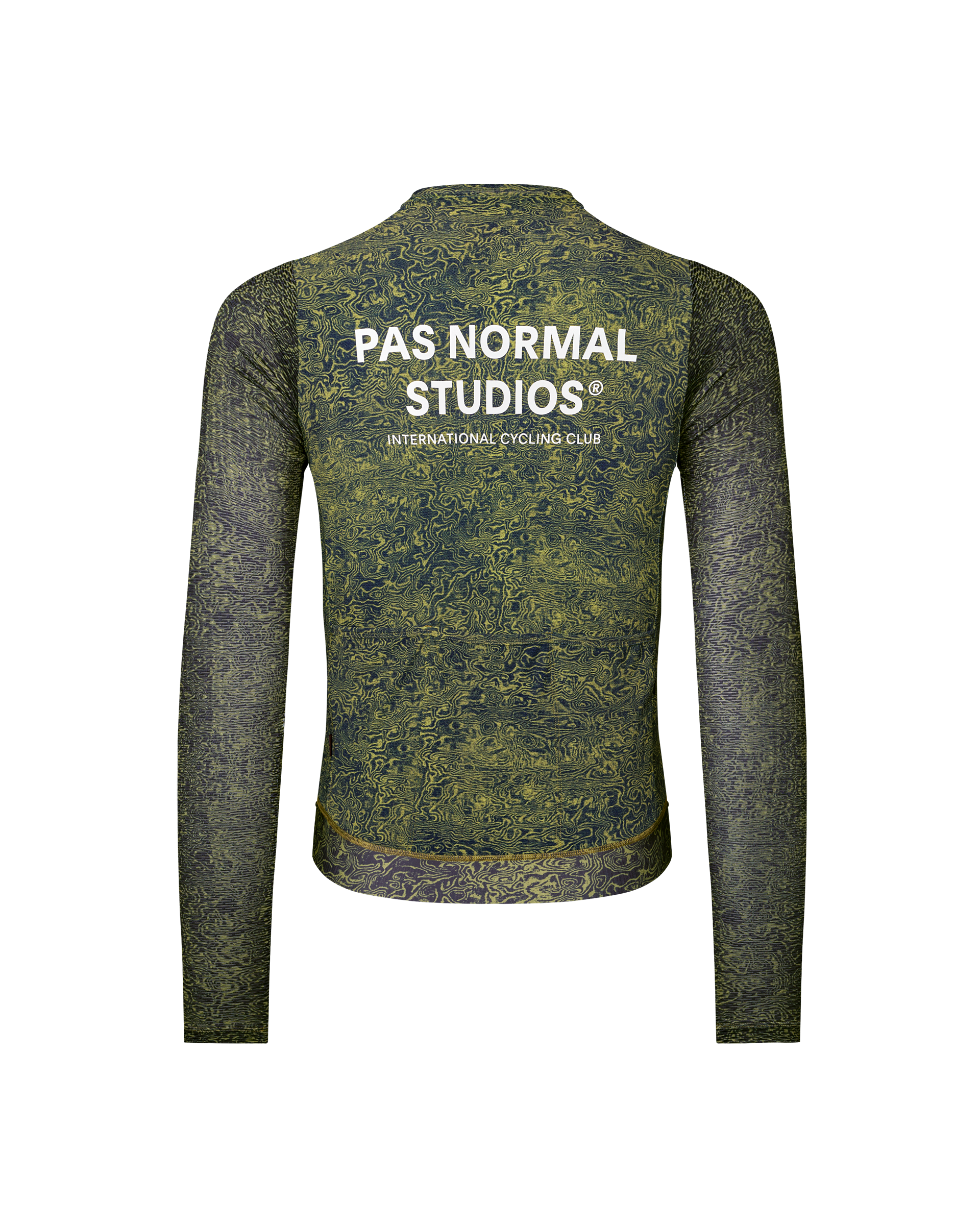 Dark Lime Essential long sleeve cycling jersey, rear flat lay with all-over topographic print and white back logo