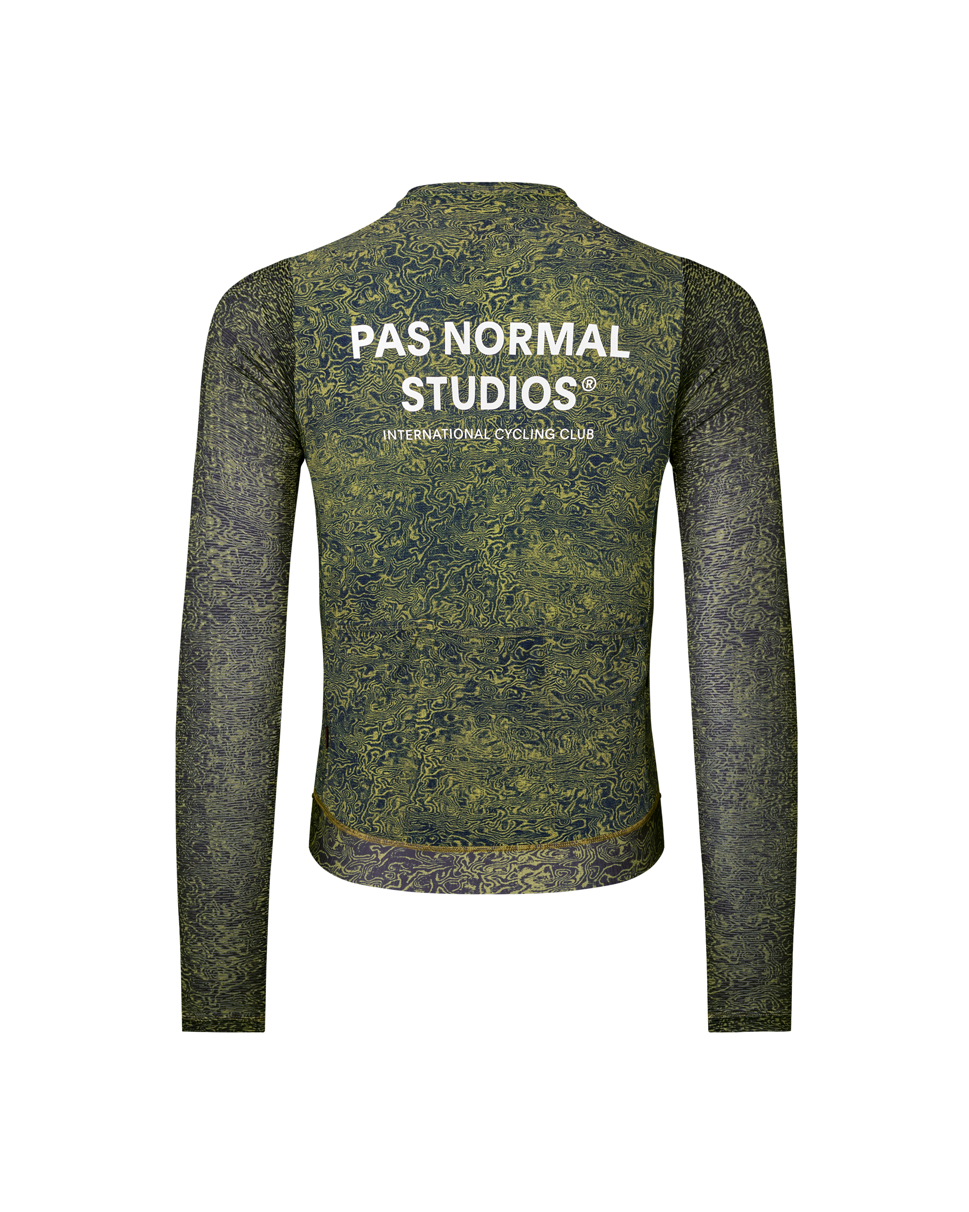 Dark Lime Essential long sleeve cycling jersey, rear flat lay with all-over topographic print and white back logo