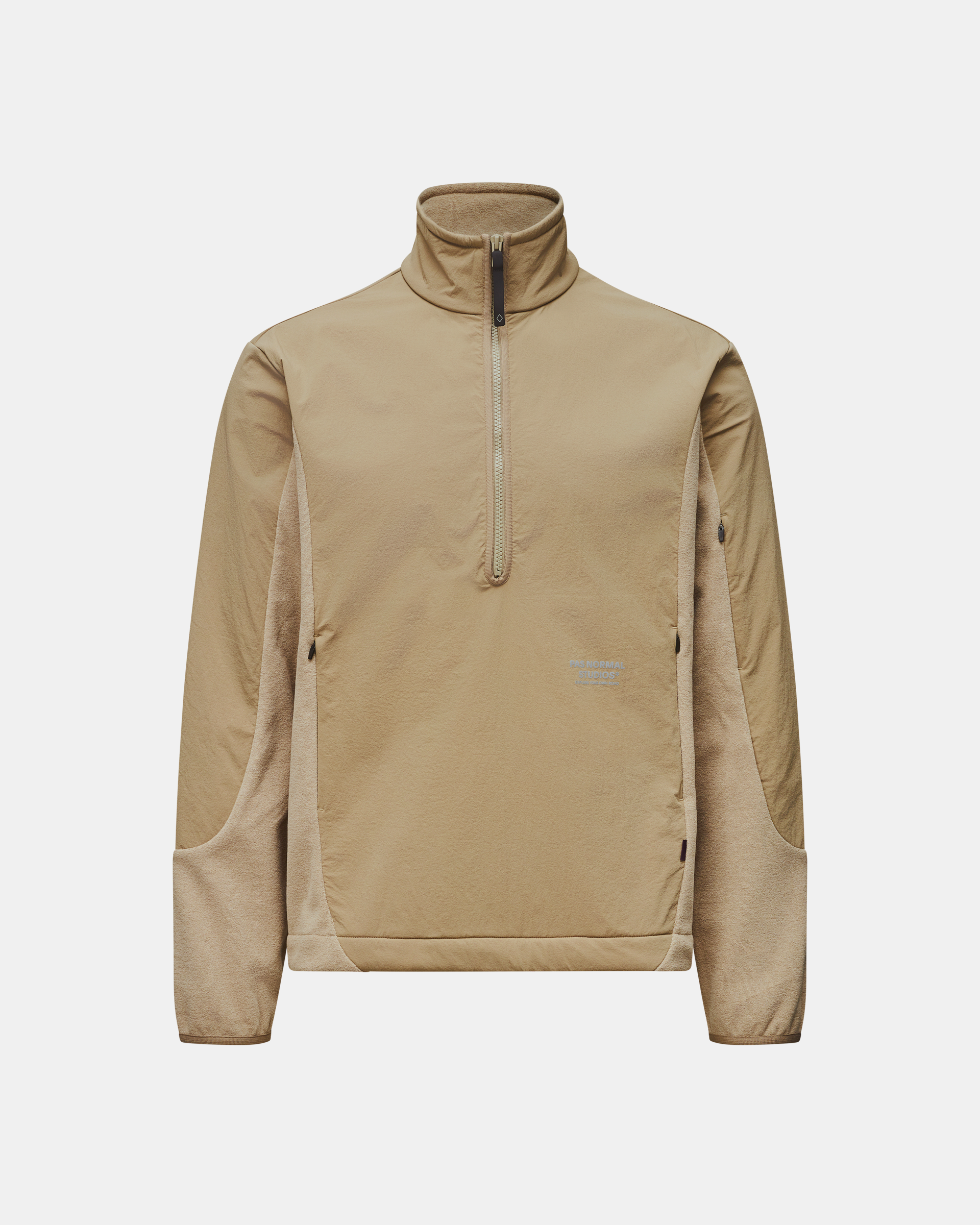 Beige Off-Race Light Fleece half-zip pullover, front flat lay with high collar and chest pocket