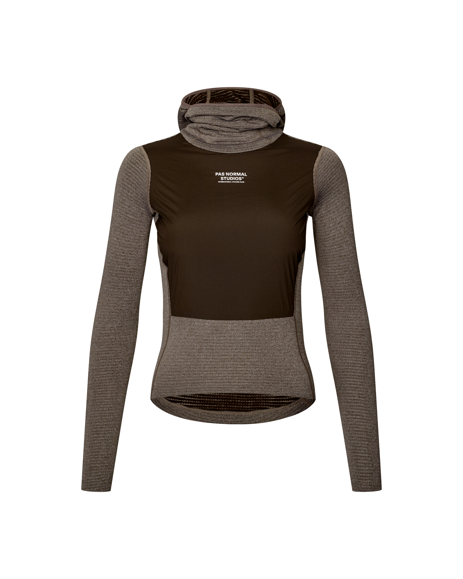 Dark Coffee brown Essential cycling base layer, front flat lay with hooded neck and dark windproof chest panel