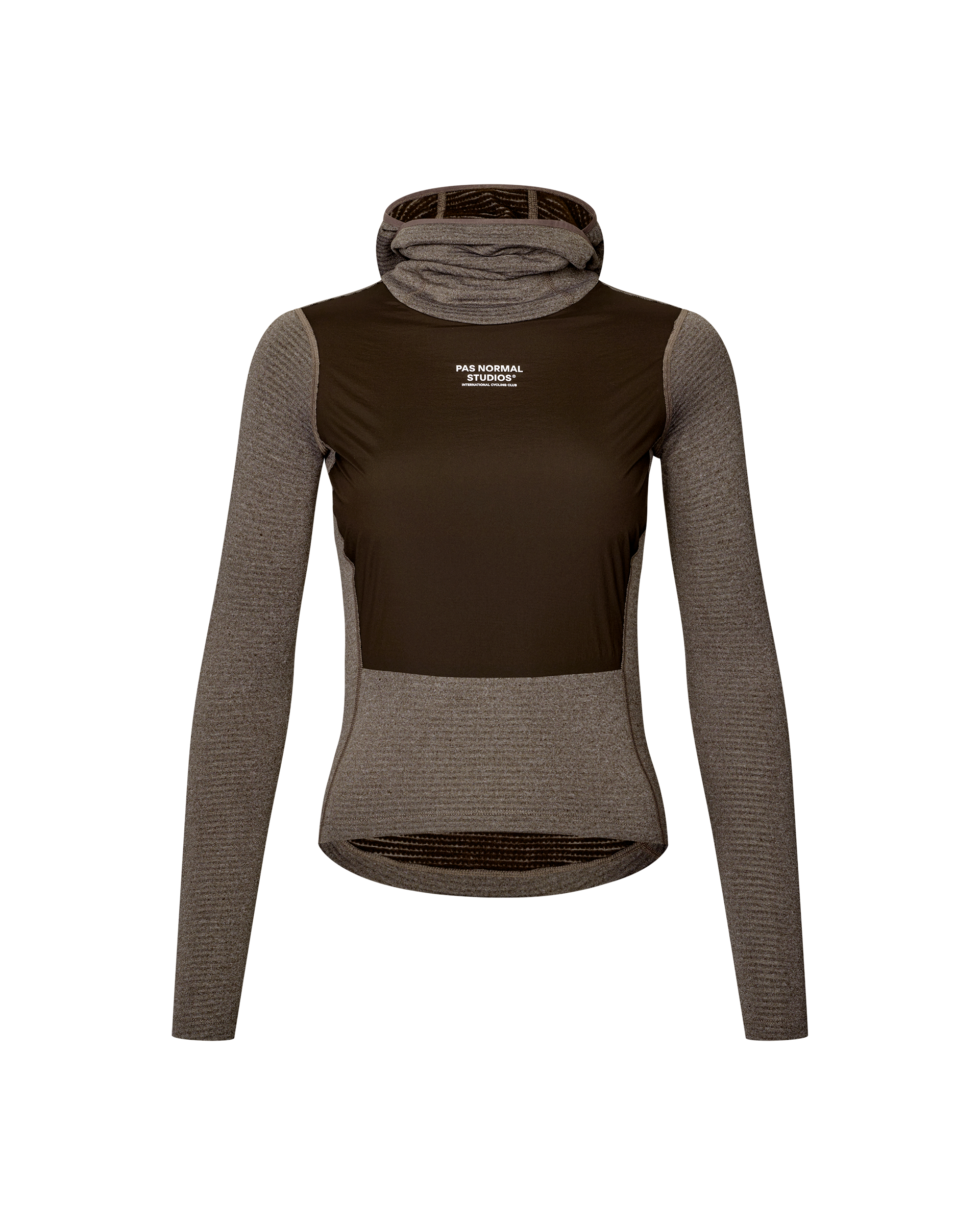 Dark Coffee brown Essential cycling base layer, front flat lay with hooded neck and dark windproof chest panel