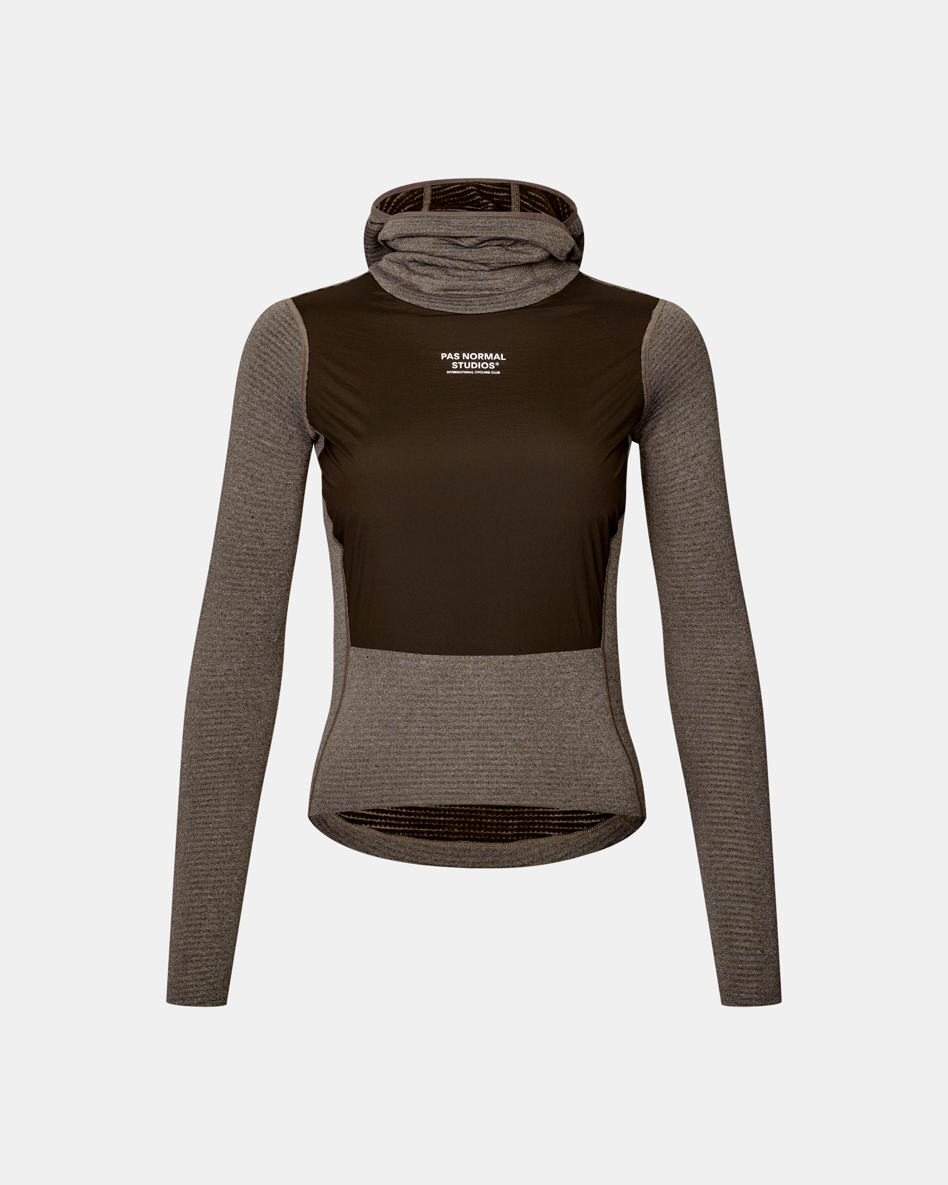 Dark Coffee brown Essential cycling base layer, front flat lay with hooded neck and dark windproof chest panel