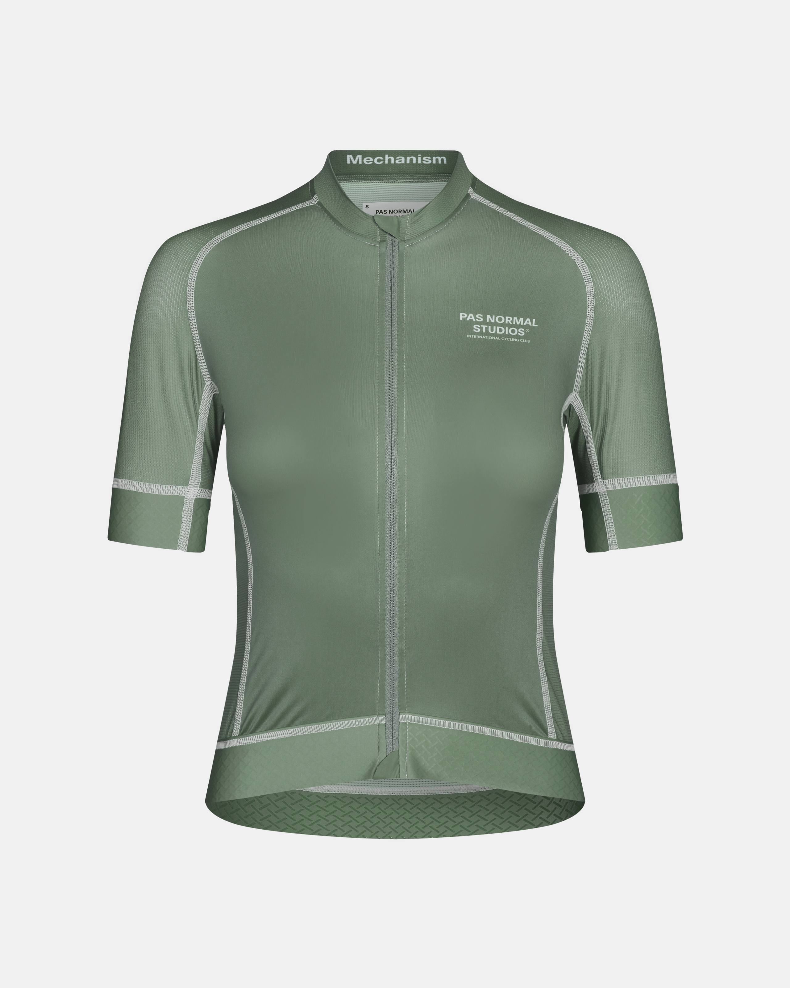 Khaki Green Mechanism cycling jersey, front view with white contrast stitching and textured hem panel