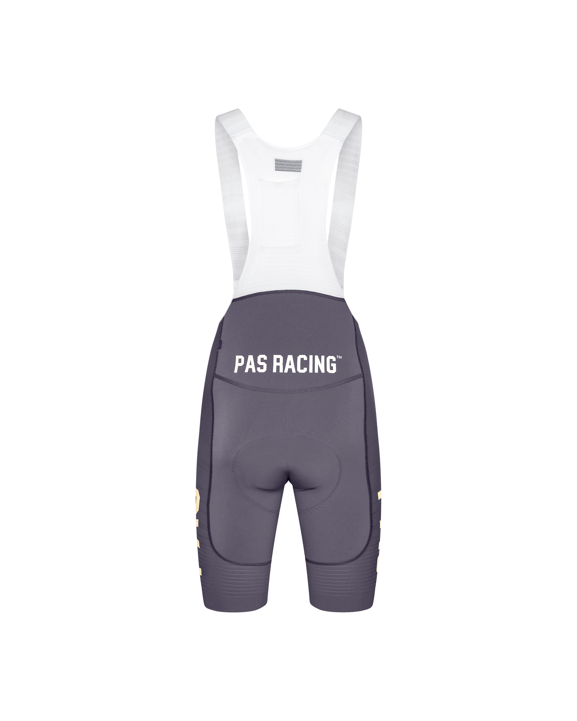 Grey Mechanism Pro PAS Racing cycling bibs, rear flat lay with white bib straps and white chest logo