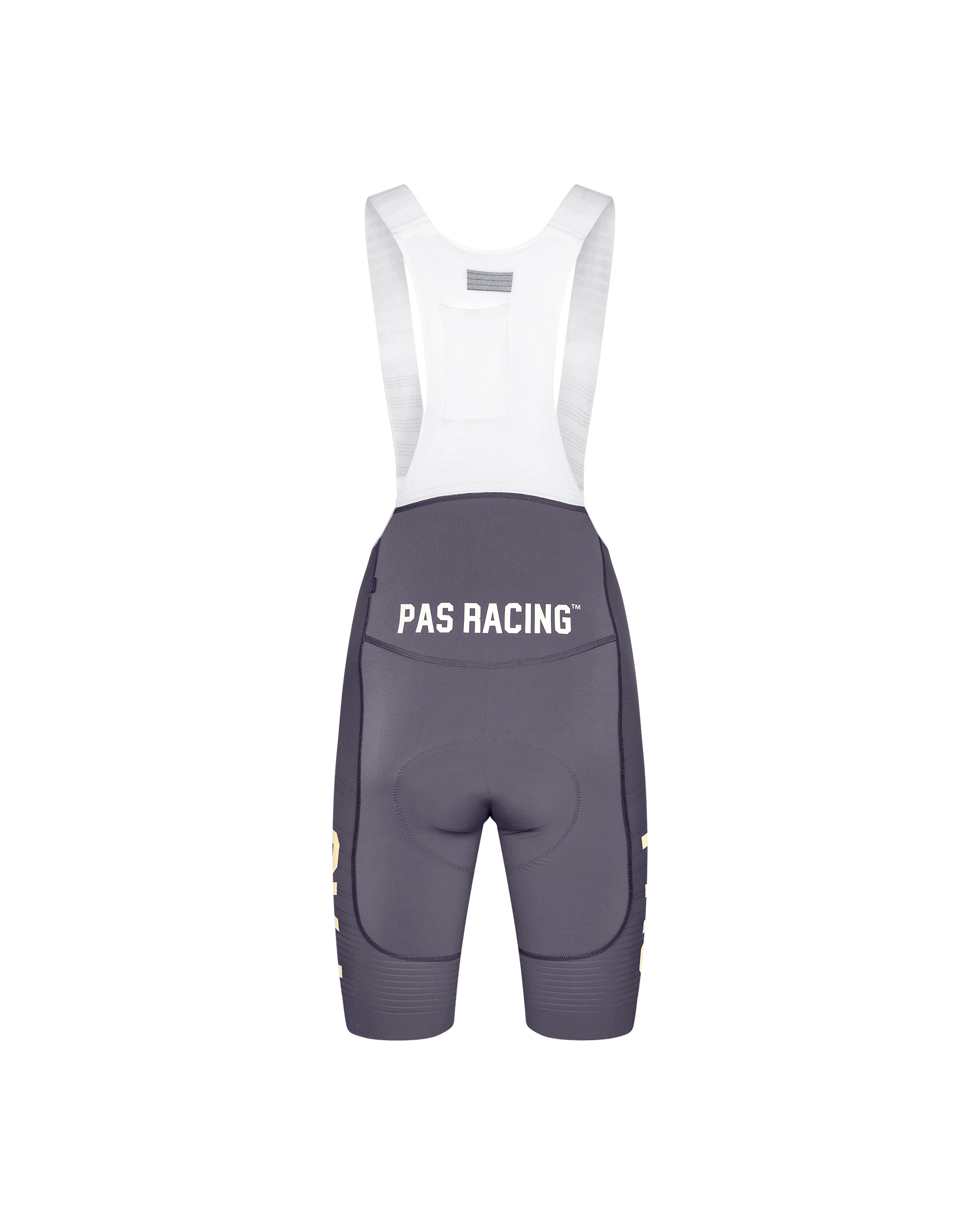 Grey Mechanism Pro PAS Racing cycling bibs, rear flat lay with white bib straps and white chest logo