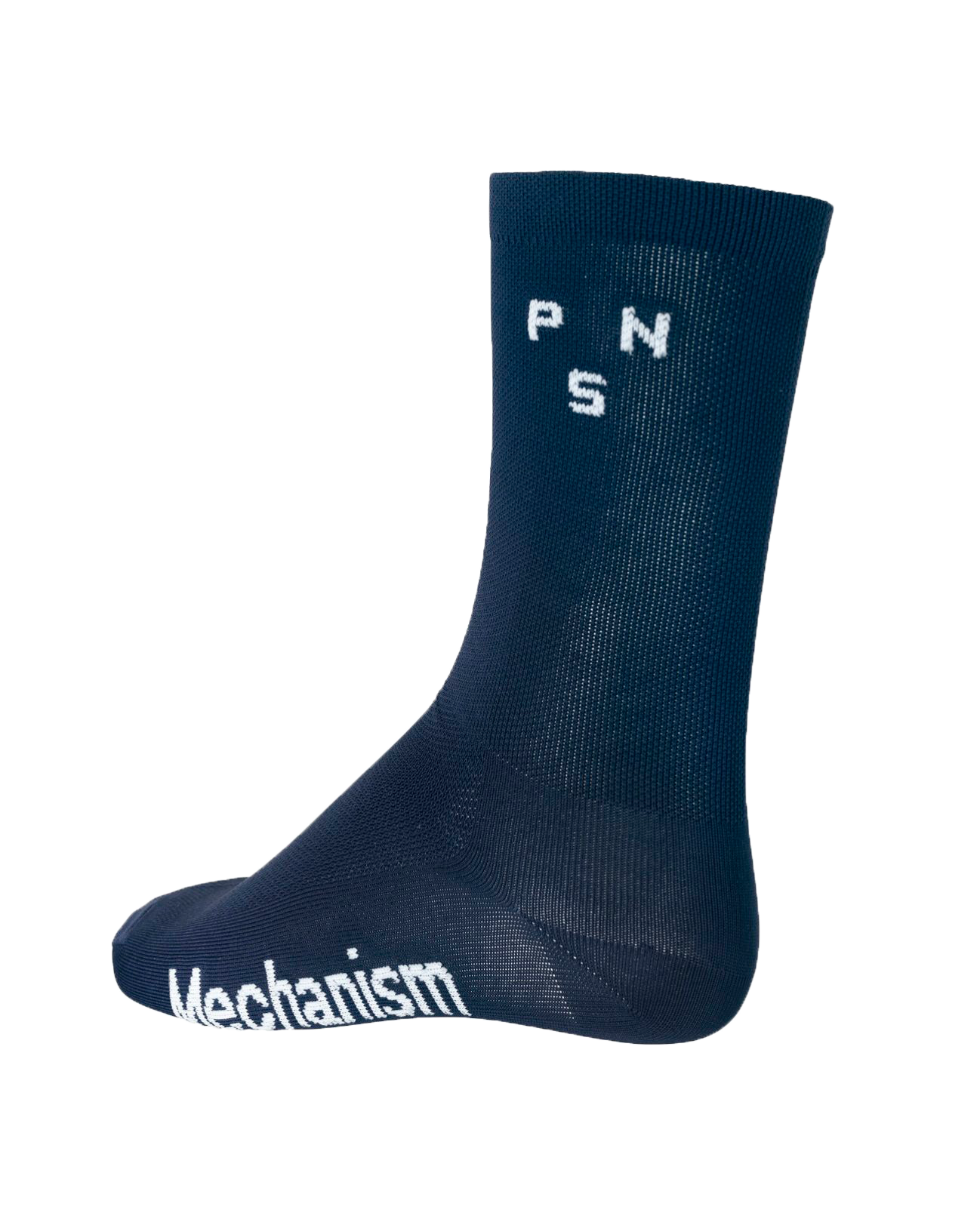 Navy Mechanism cycling socks, side view with white logo lettering