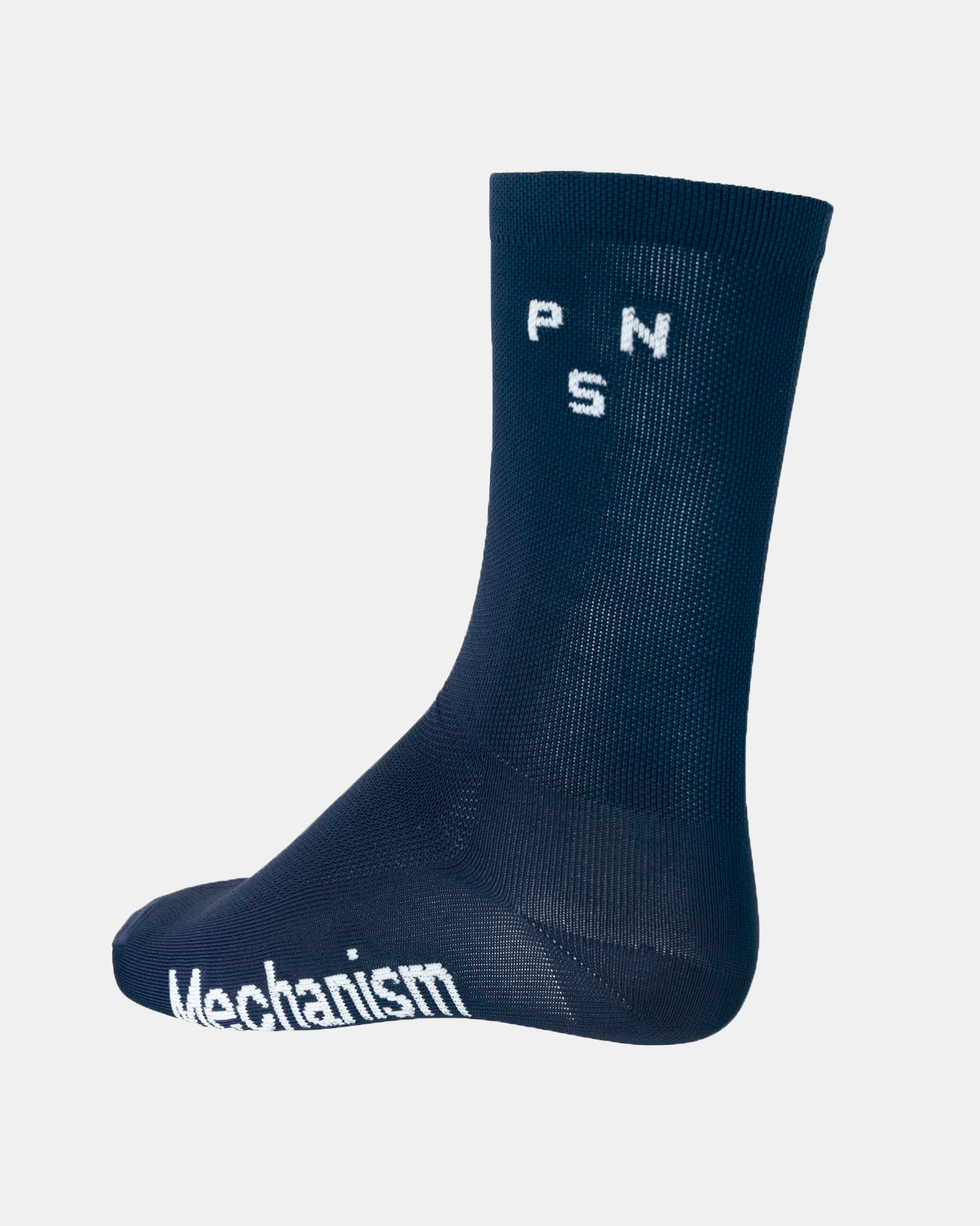 Navy Mechanism cycling socks, side view with white logo lettering