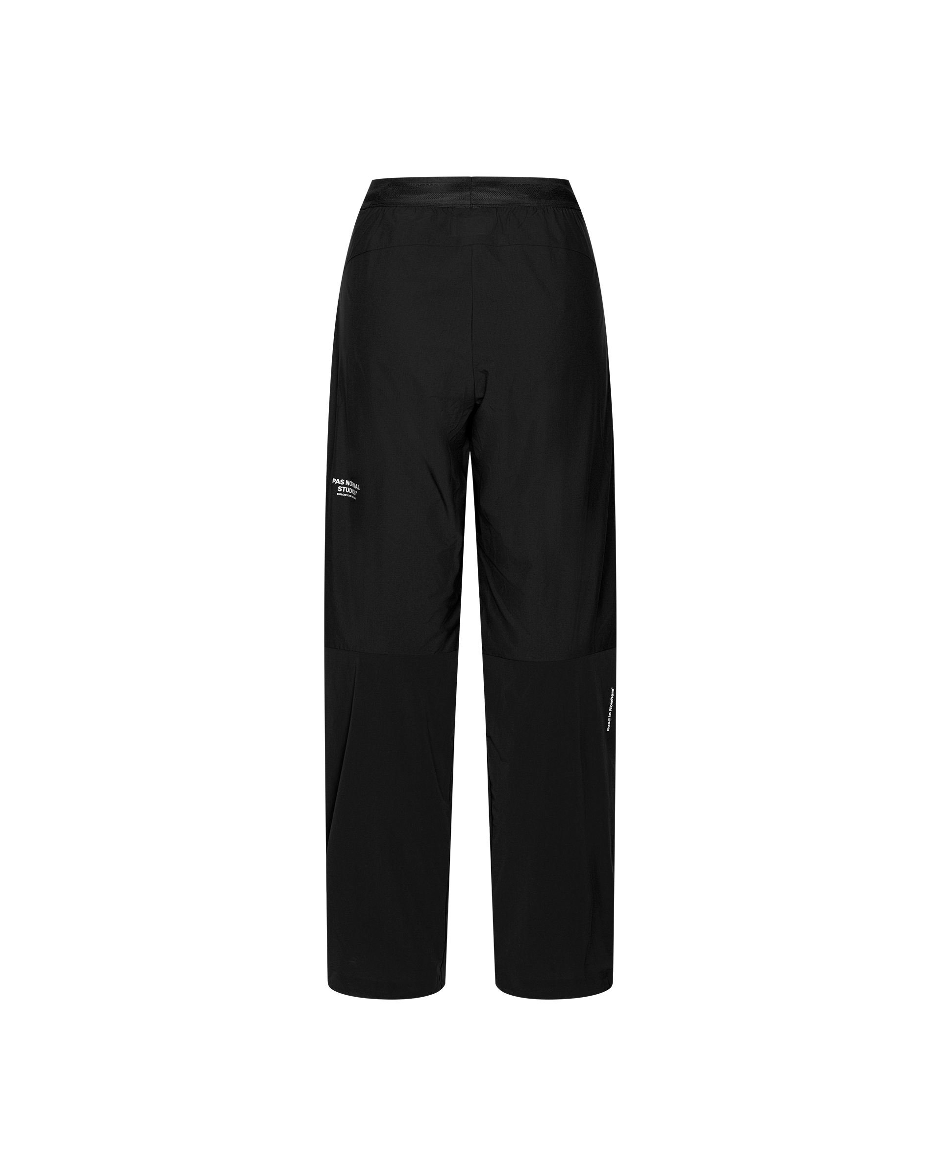 Black Balance Performance Pants, rear flat lay with elastic waistband and white logo print