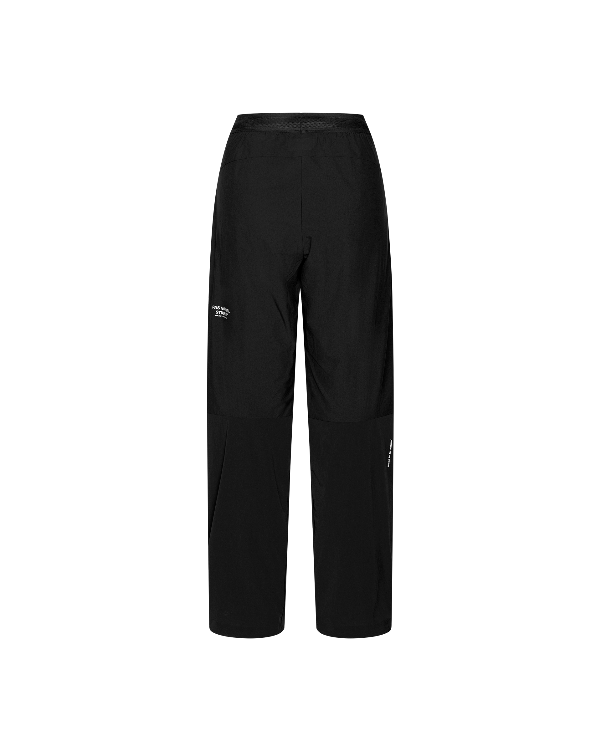 Black Balance Performance Pants, rear flat lay with elastic waistband and white logo print