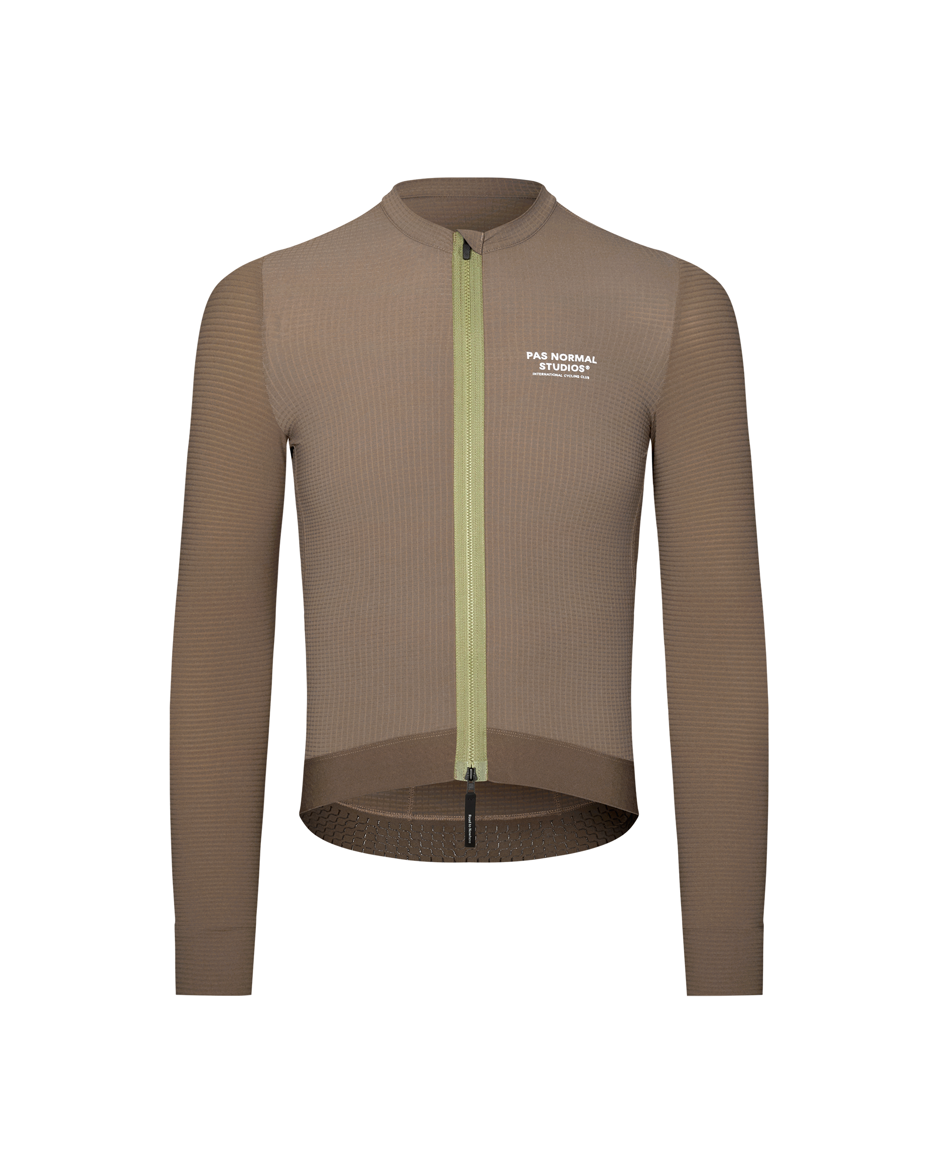Brown Escapism long sleeve cycling jersey, front view with yellow contrast zip