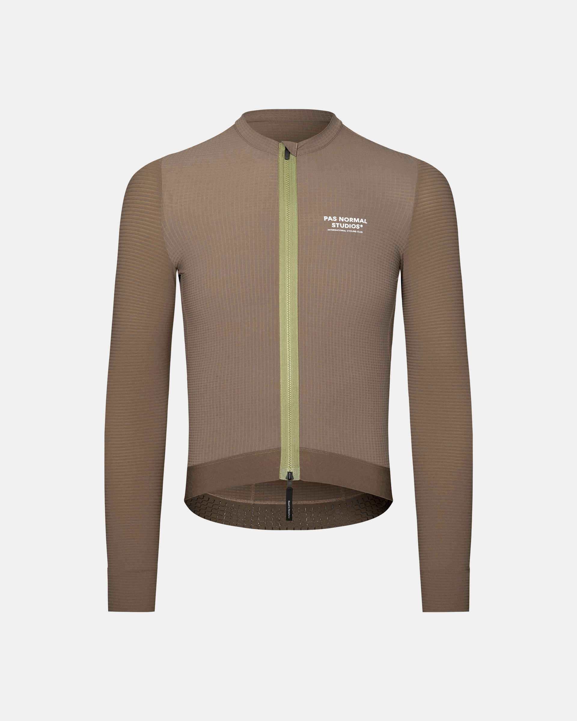 Brown Escapism long sleeve cycling jersey, front view with yellow contrast zip