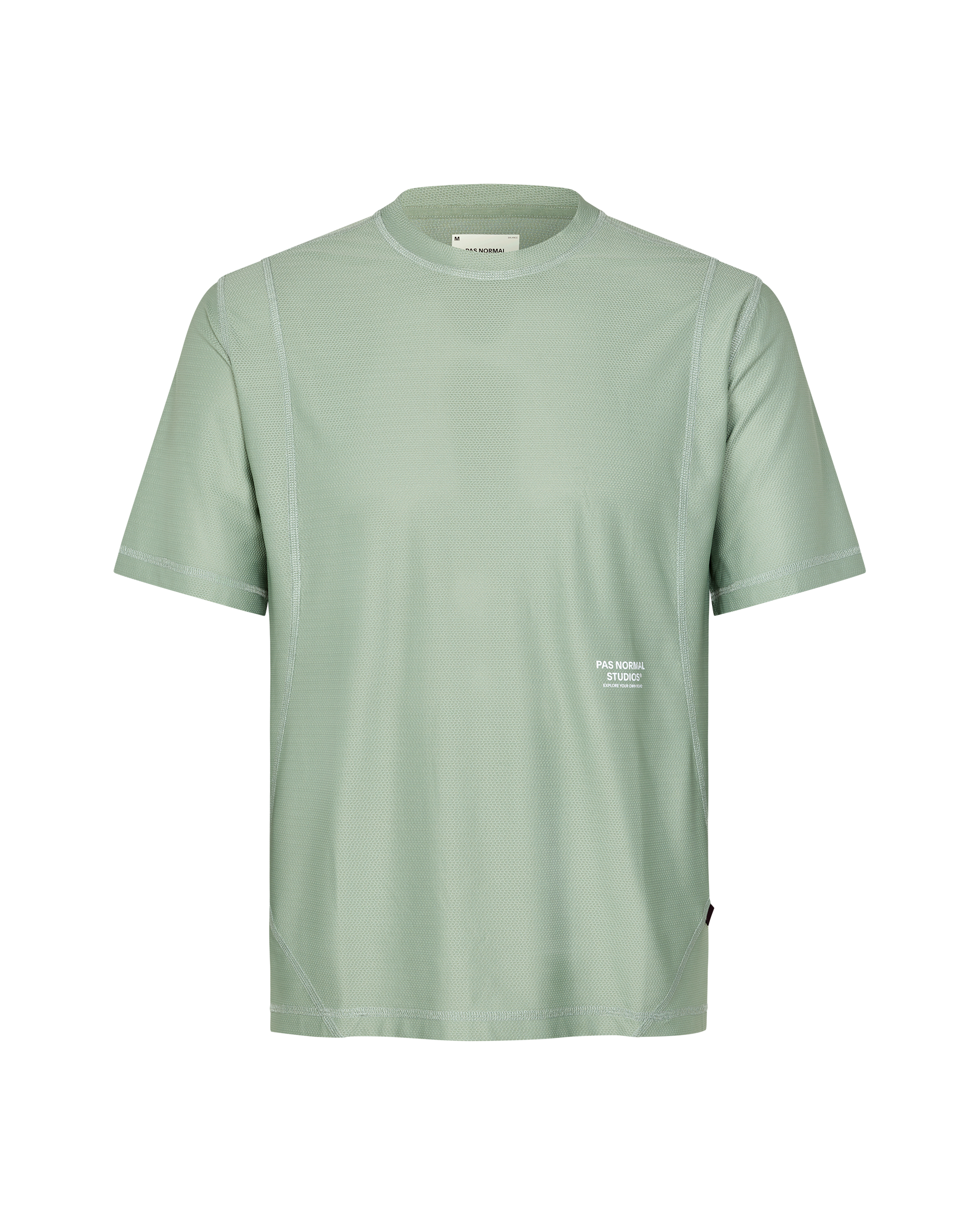 Green Sage Balance T-shirt, front flat lay with contrast stitching and small chest logo print