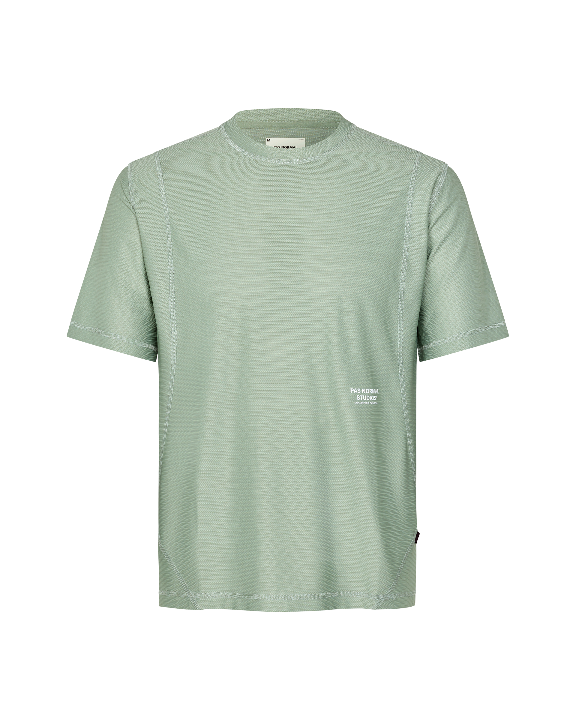 Green Sage Balance T-shirt, front flat lay with contrast stitching and small chest logo print