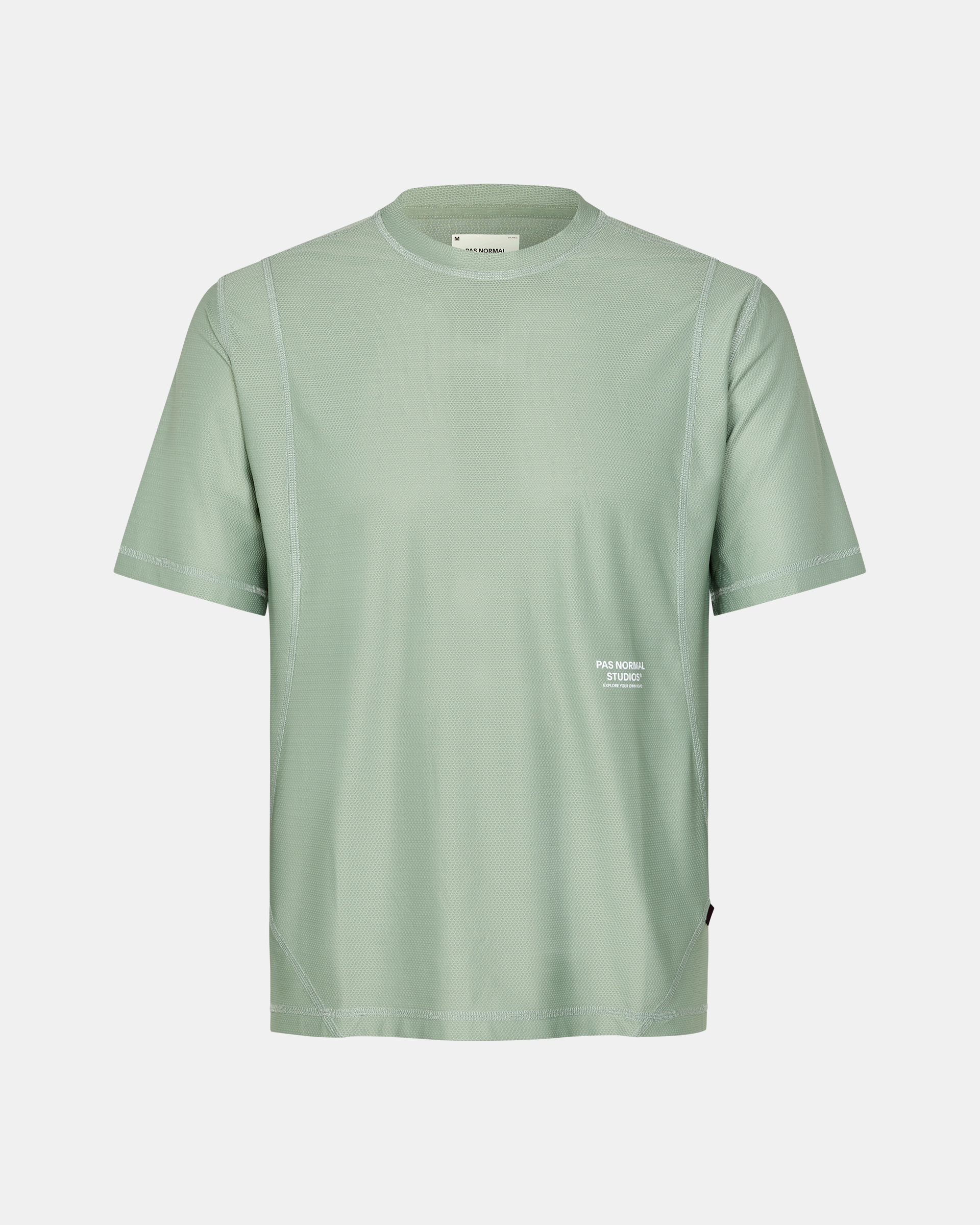 Green Sage Balance T-shirt, front flat lay with contrast stitching and small chest logo print