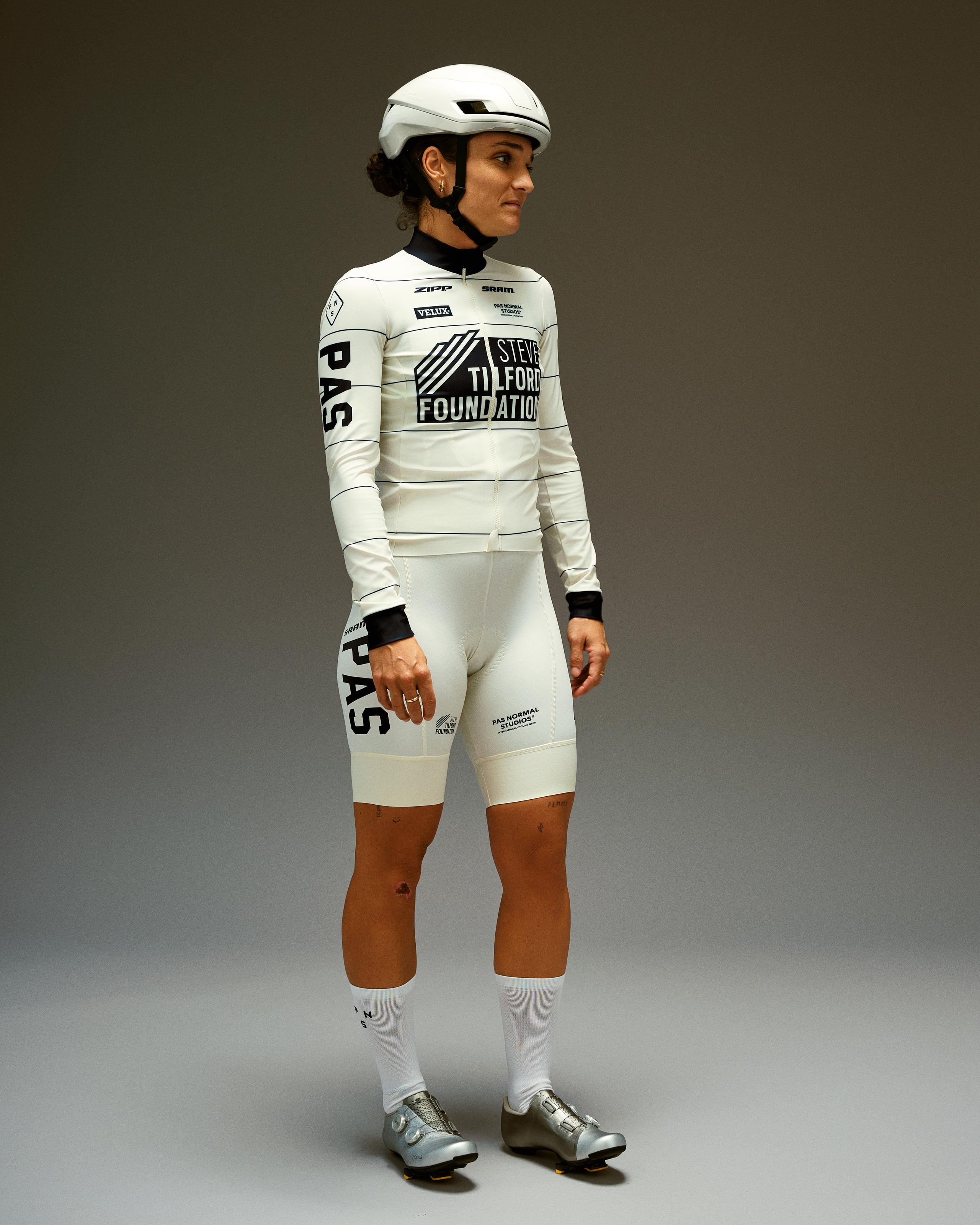 Off White STFR Mechanism long sleeve cycling jersey on model with Silford Foundation chest print