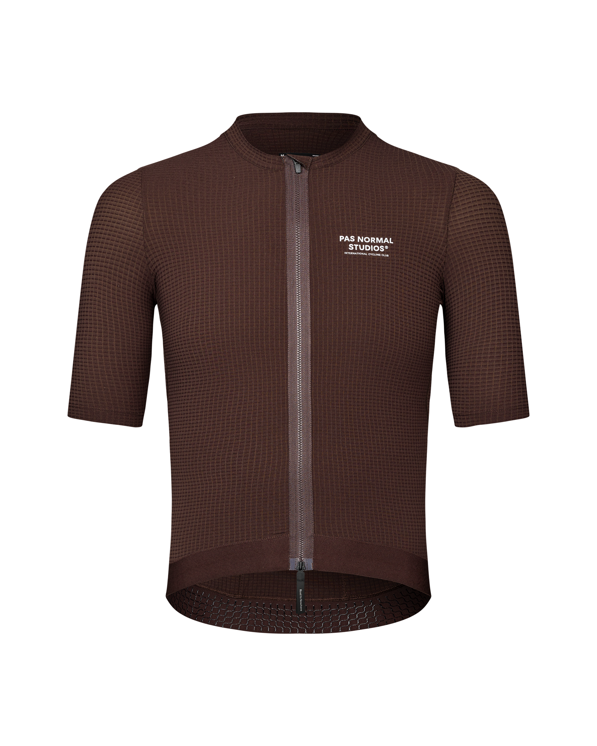 Dark Red Escapism cycling jersey, front view with textured fabric and full zip